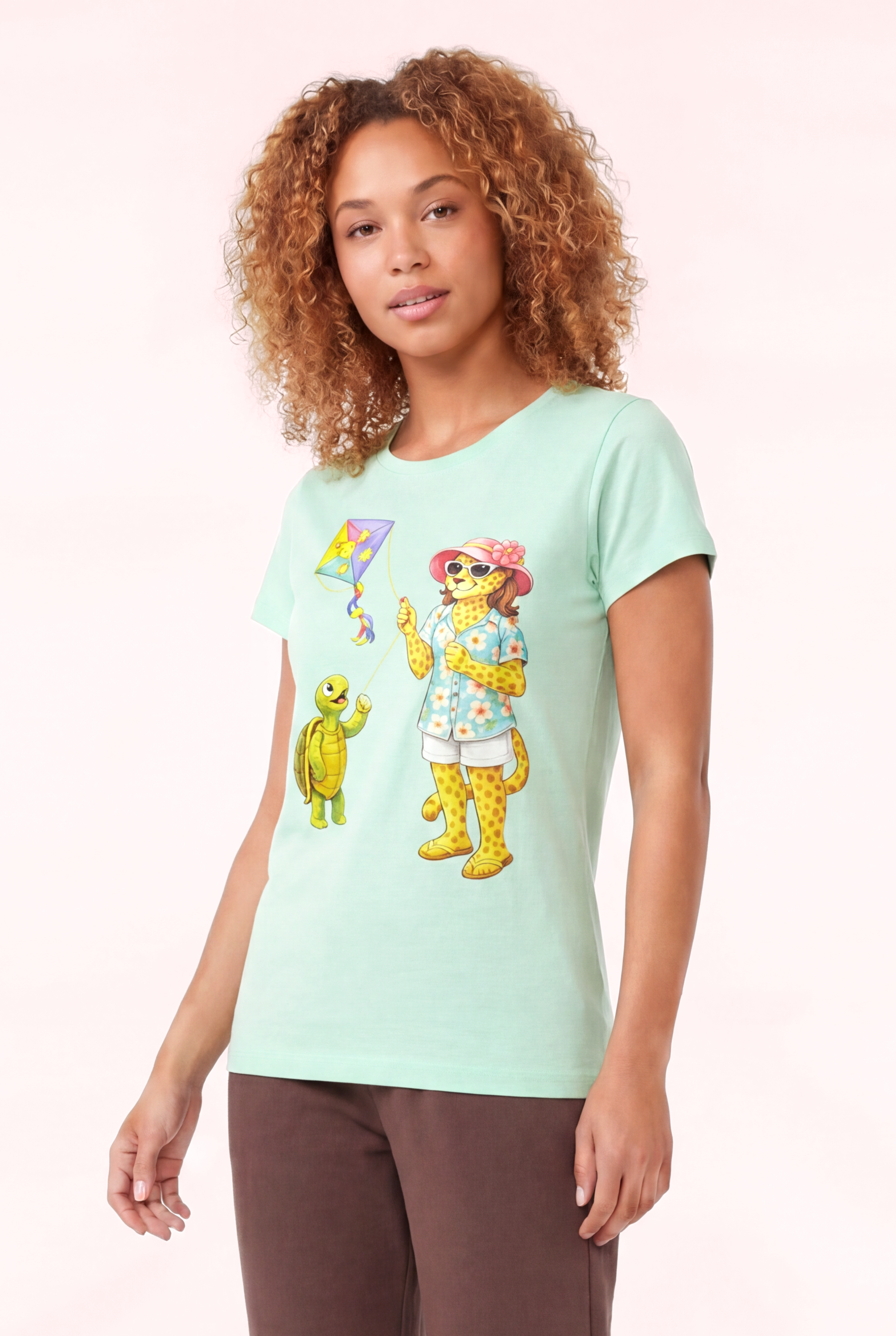Jaguar Baskı Detaylı Bisiklet Yaka Slim Fit Kadın Su Yeşili T-Shirt