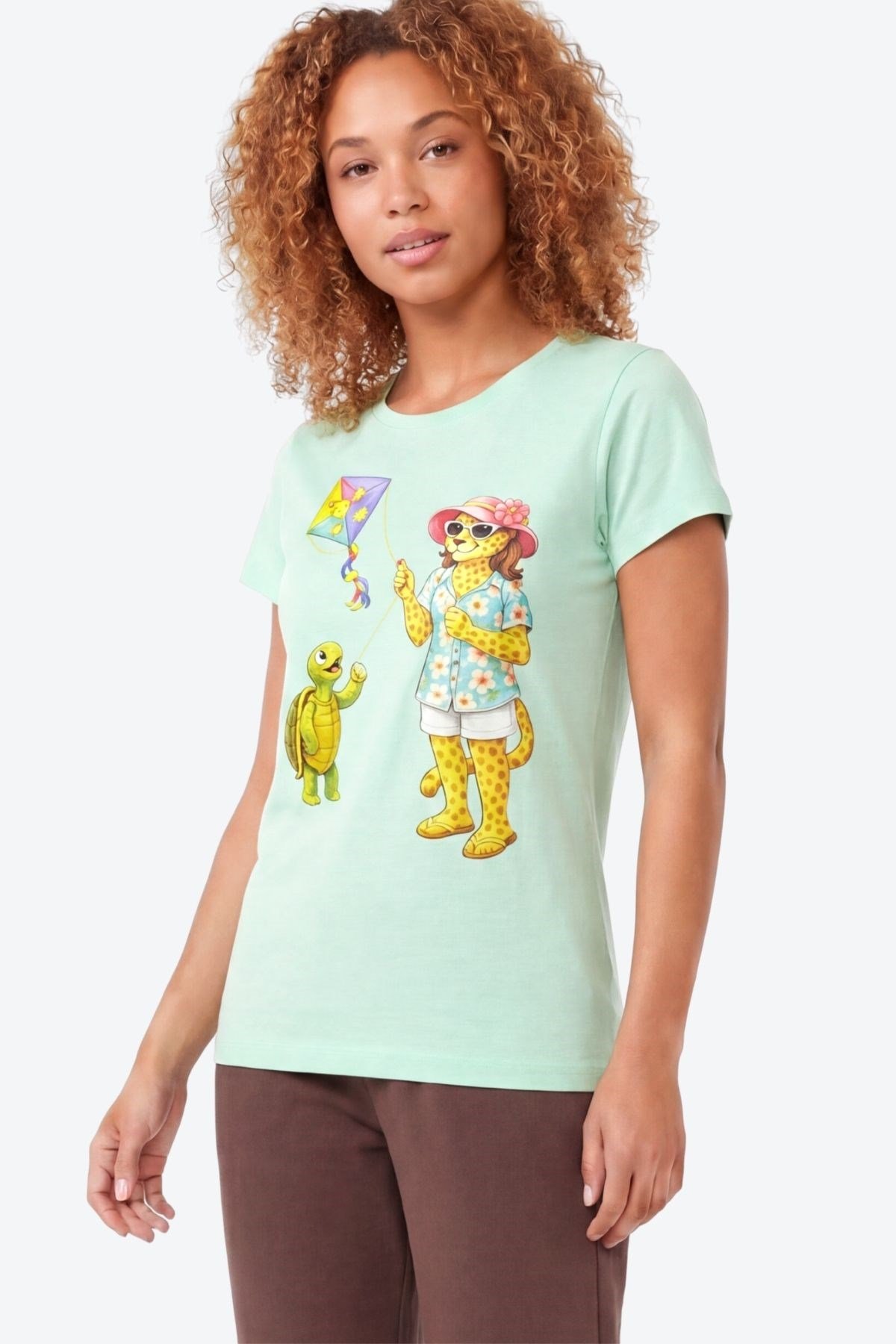 Jaguar Baskı Detaylı Bisiklet Yaka Slim Fit Kadın Su Yeşili T-Shirt