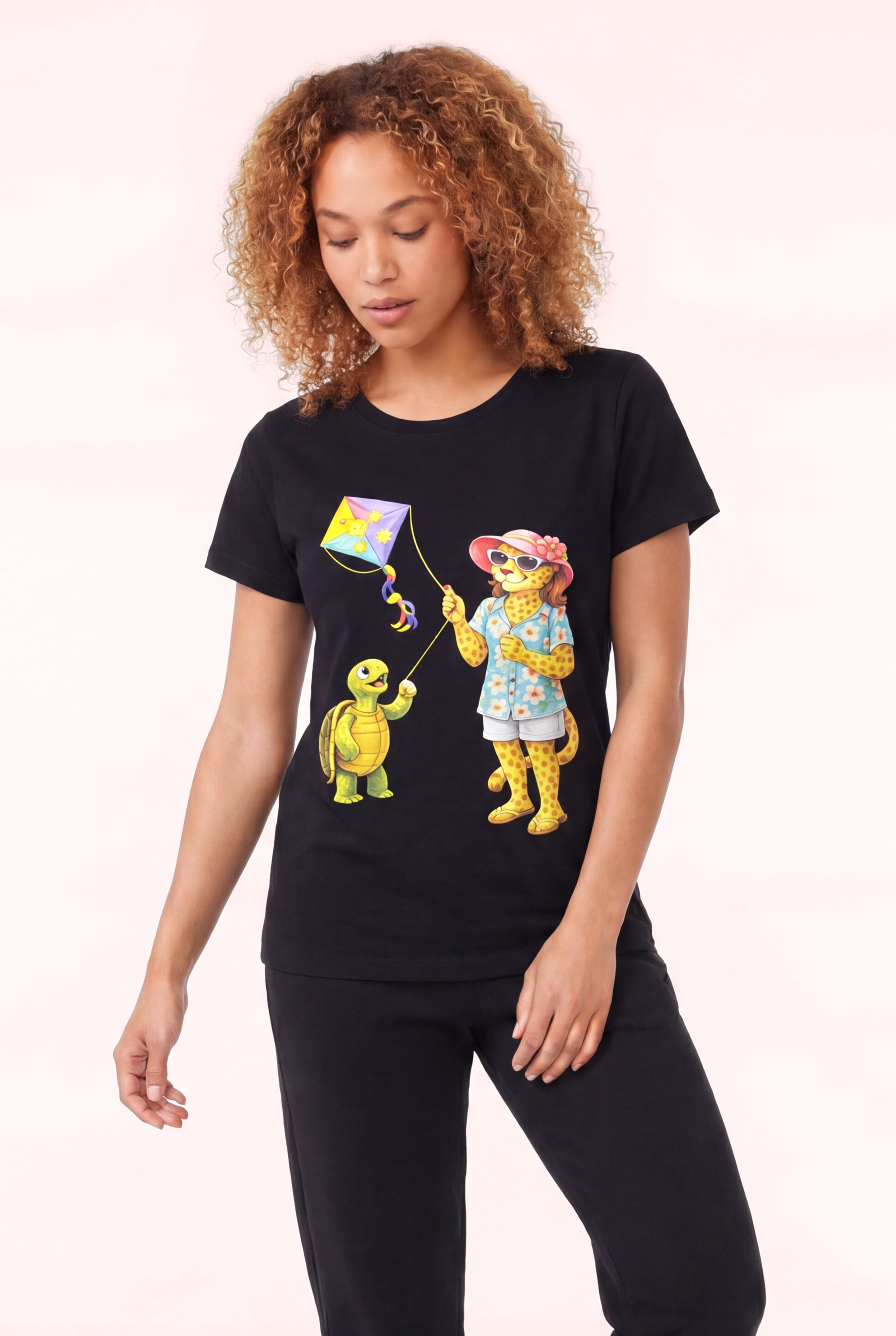 Jaguar Baskı Detaylı Bisiklet Yaka Slim Fit Kadın Siyah T-Shirt