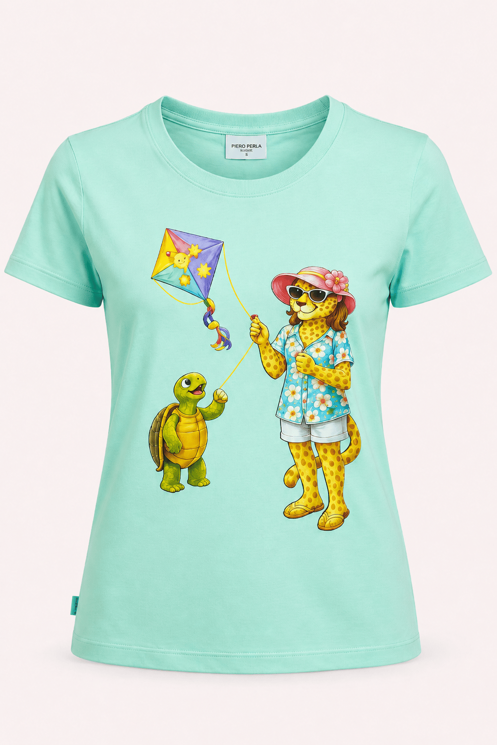 Jaguar Baskı Detaylı Bisiklet Yaka Slim Fit Kadın Su Yeşili T-Shirt