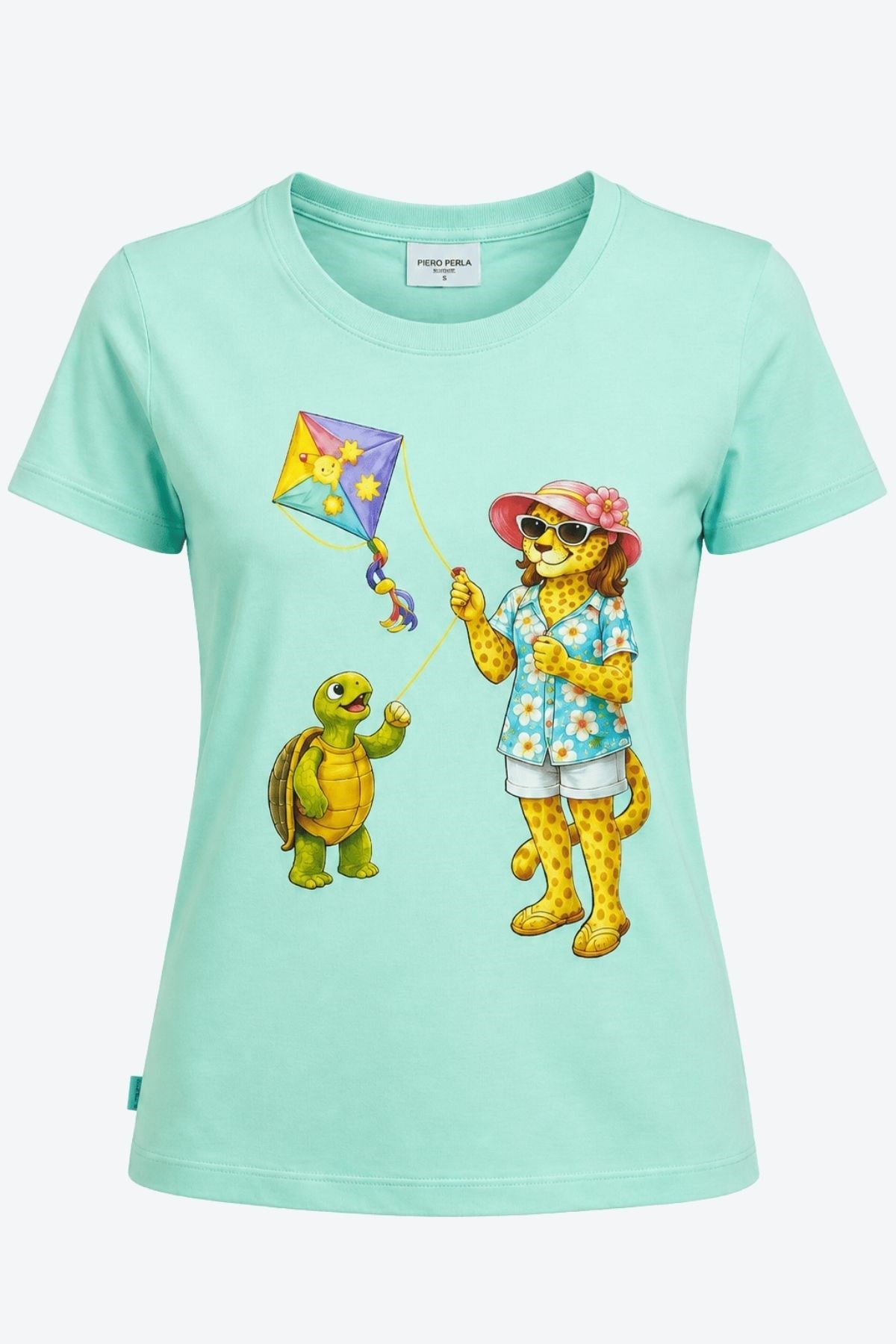 Jaguar Baskı Detaylı Bisiklet Yaka Slim Fit Kadın Su Yeşili T-Shirt