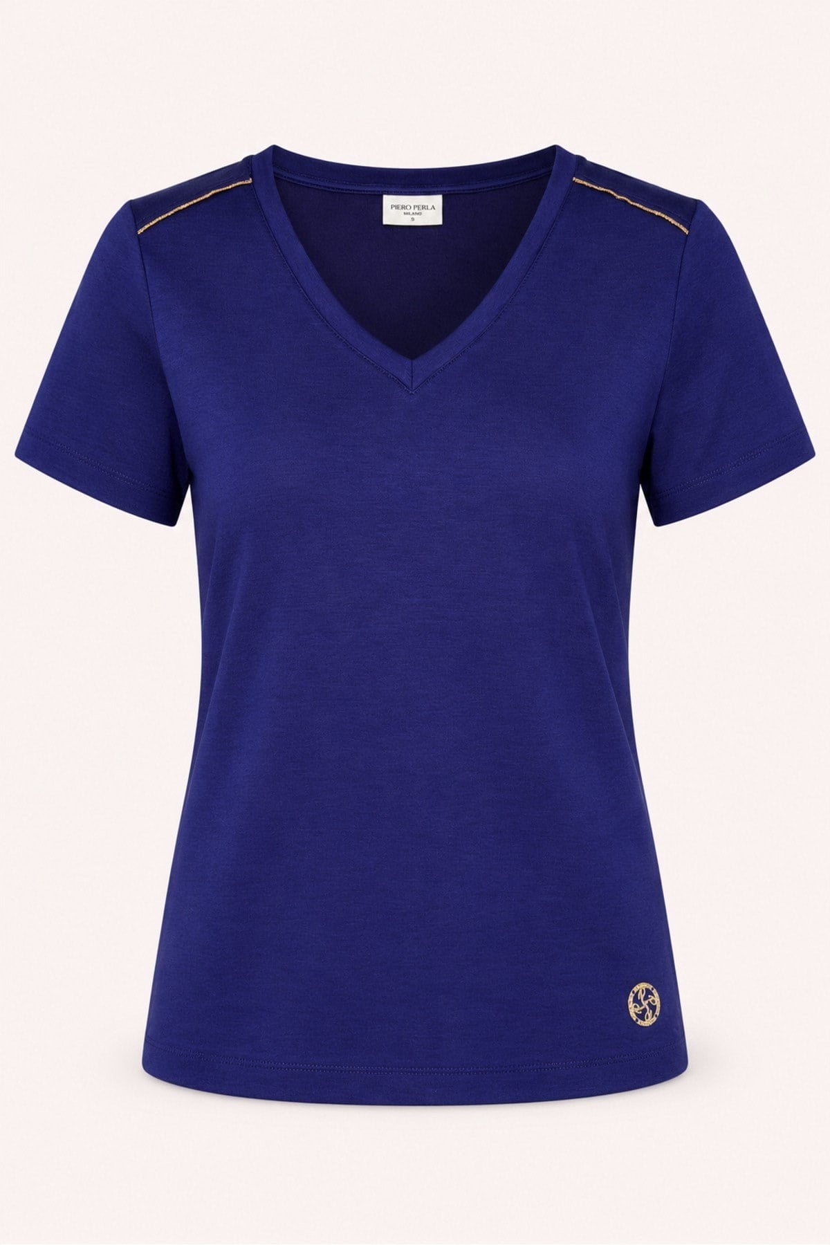 Kadın V Yaka Metal Logo Detaylı Regular Fit T-Shirt