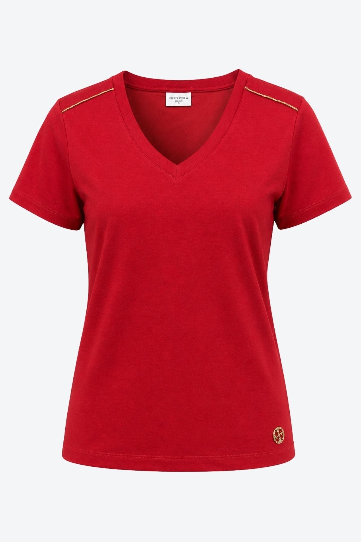 Kadın V Yaka Metal Logo Detaylı Regular Fit T-Shirt
