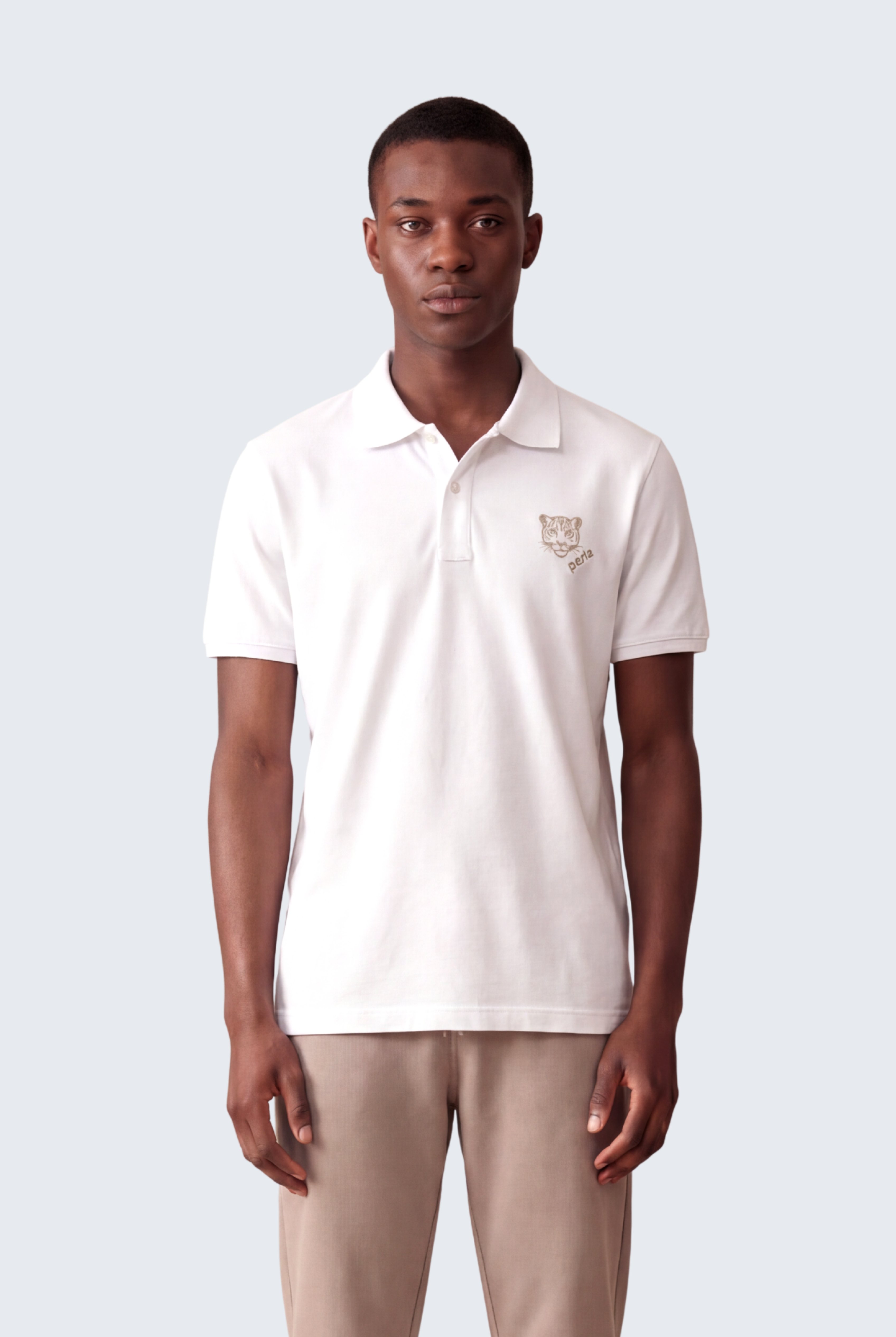 Kontür Jaguar Nakış Detaylı Slim Fit Erkek Polo Yaka Beyaz T-Shirt