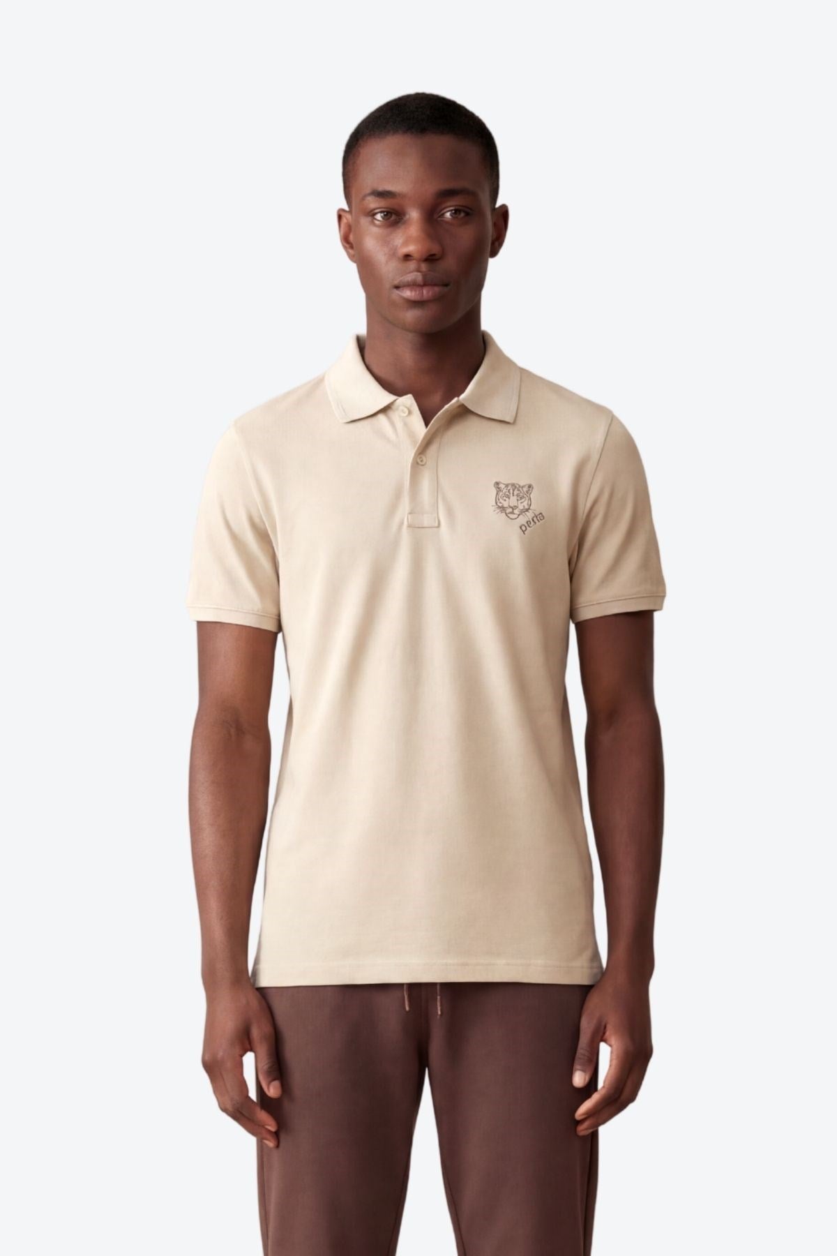 Kontür Jaguar Nakış Detaylı Slim Fit Erkek Polo Yaka Sütlü Kahve T-Shirt