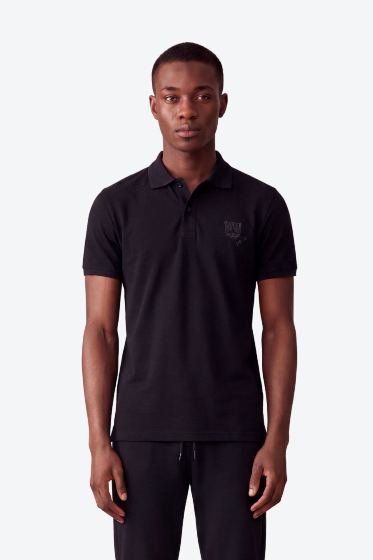 Kontür Jaguar Nakış Detaylı Slim Fit Erkek Polo Yaka Siyah T-Shirt