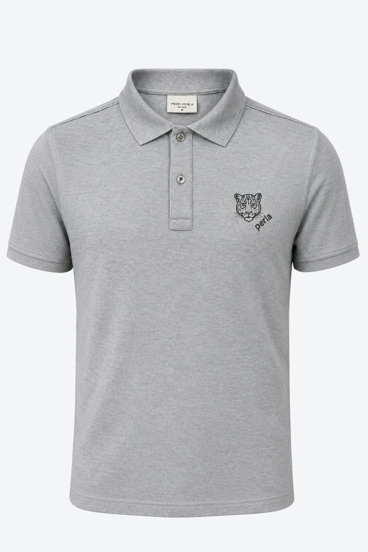 Kontür Jaguar Nakış Detaylı Slim Fit Erkek Polo Yaka Gri Melanj T-Shirt