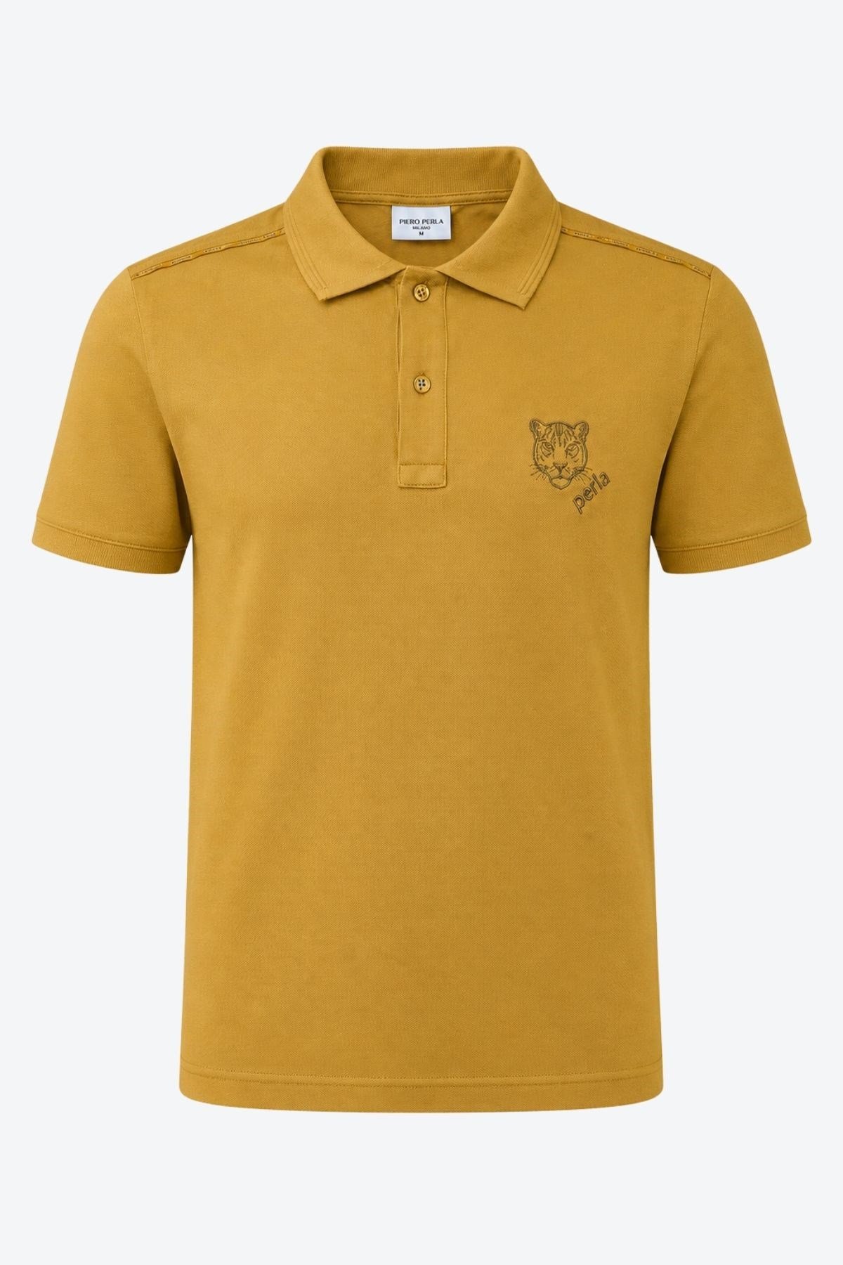 Kontür Jaguar Nakış Detaylı Slim Fit Erkek Polo Yaka Hardal T-Shirt