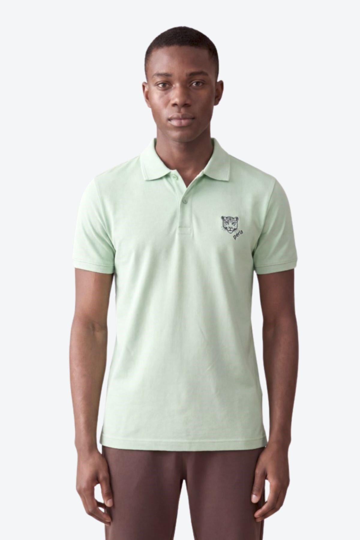 Kontür Jaguar Nakış Detaylı Slim Fit Erkek Polo Yaka Açık Yeşil T-Shirt