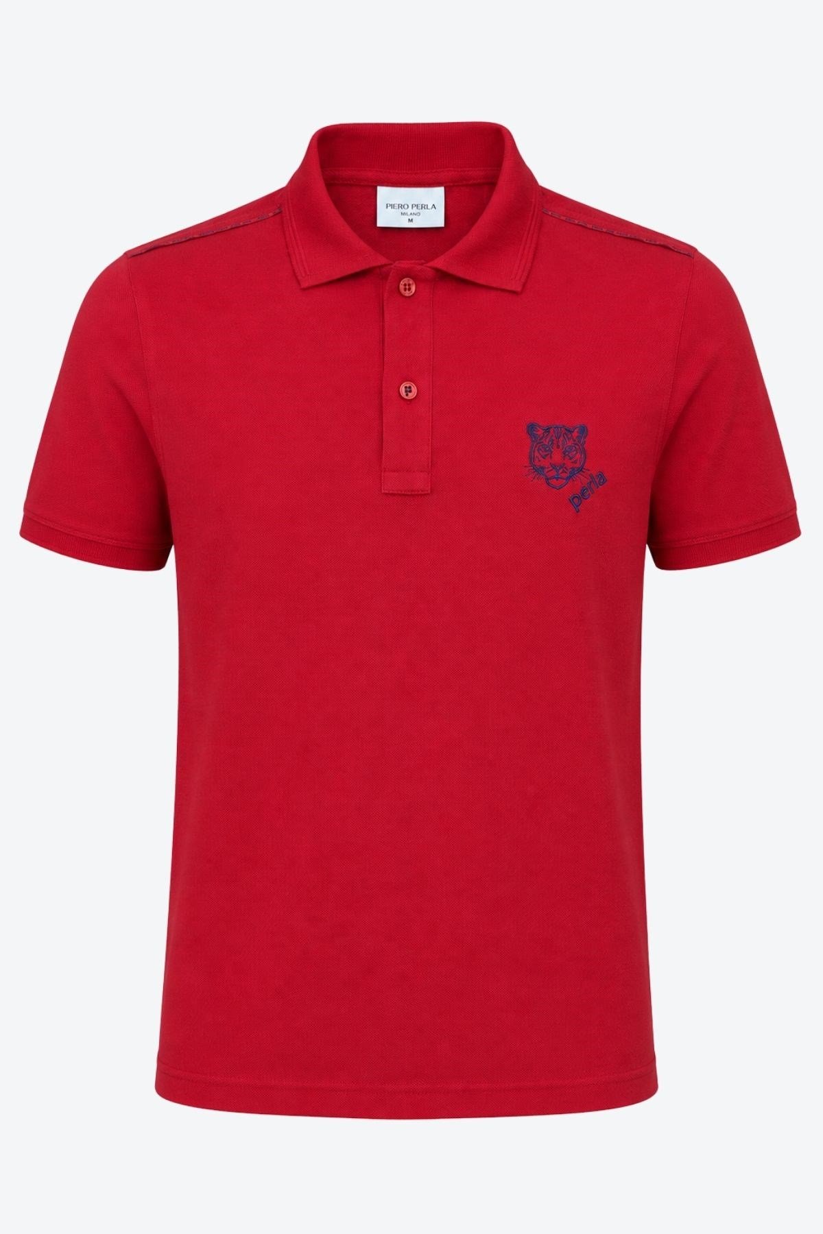 Kontür Jaguar Nakış Detaylı Slim Fit Erkek Polo Yaka Kırmızı T-Shirt
