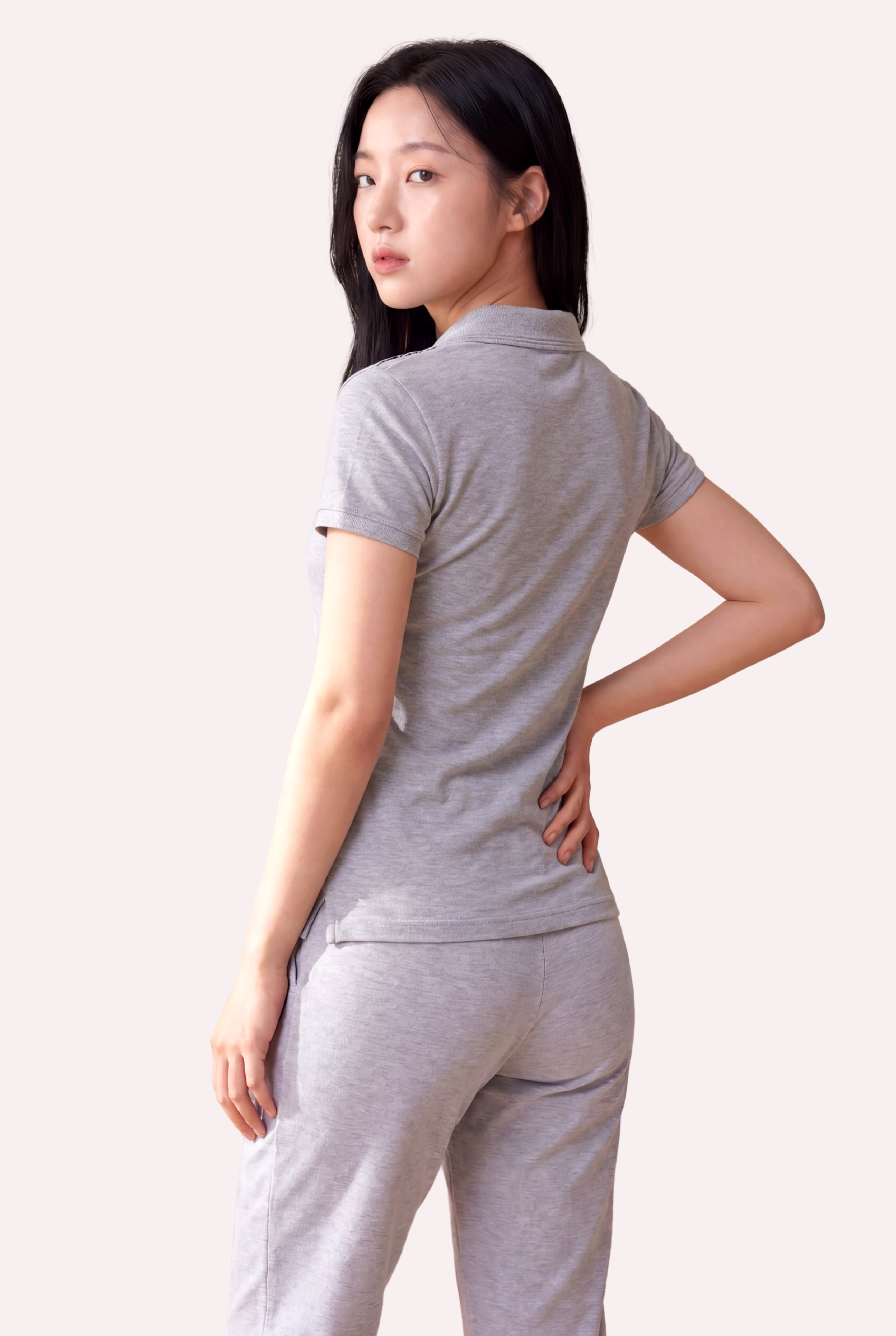 Kontür Jaguar Nakış Detaylı Slim Fit Kadın Gri Melanj Polo Yaka T-Shirt