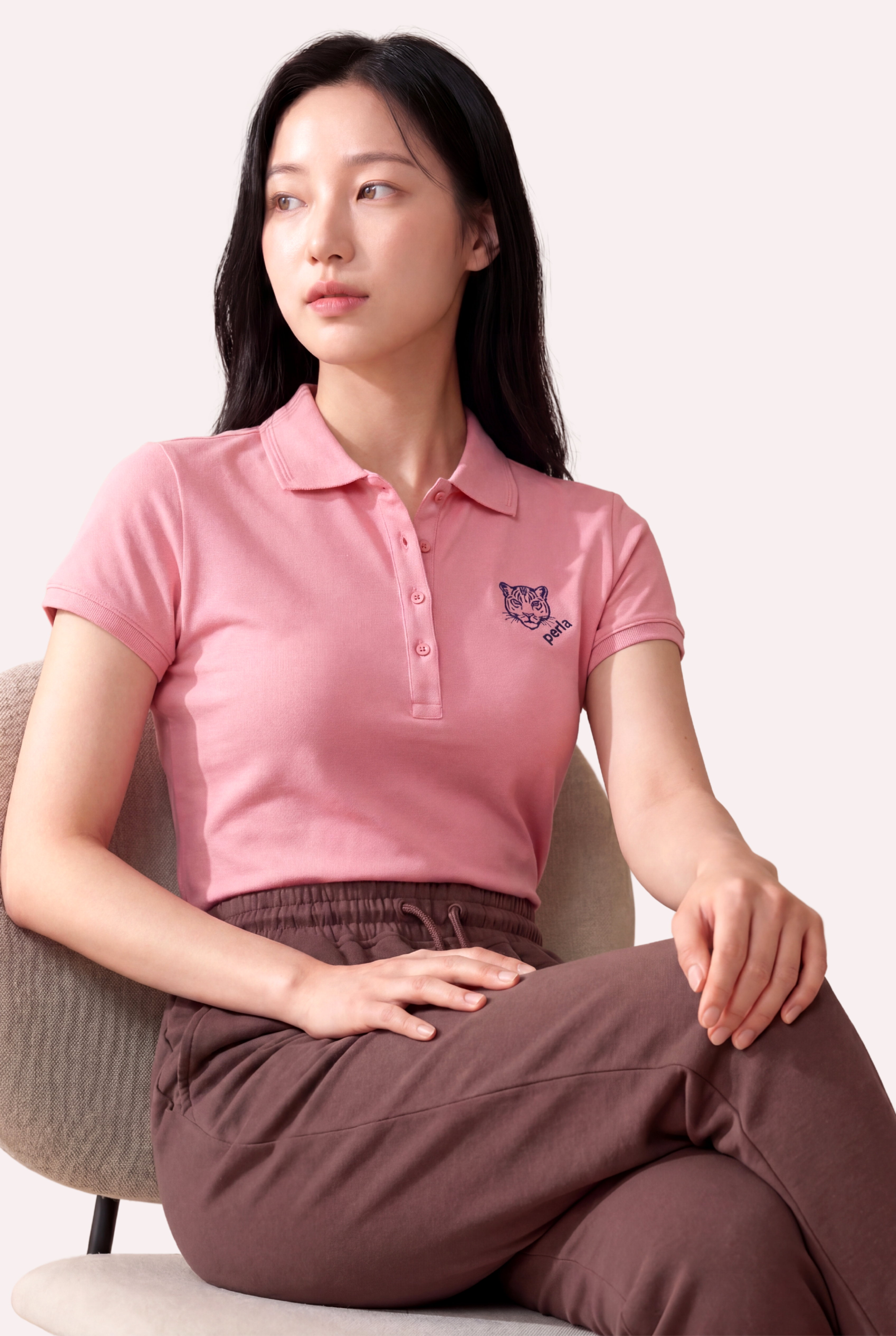 Kontür Jaguar Nakış Detaylı Slim Fit Kadın Gül Kurusu Polo Yaka T-Shirt