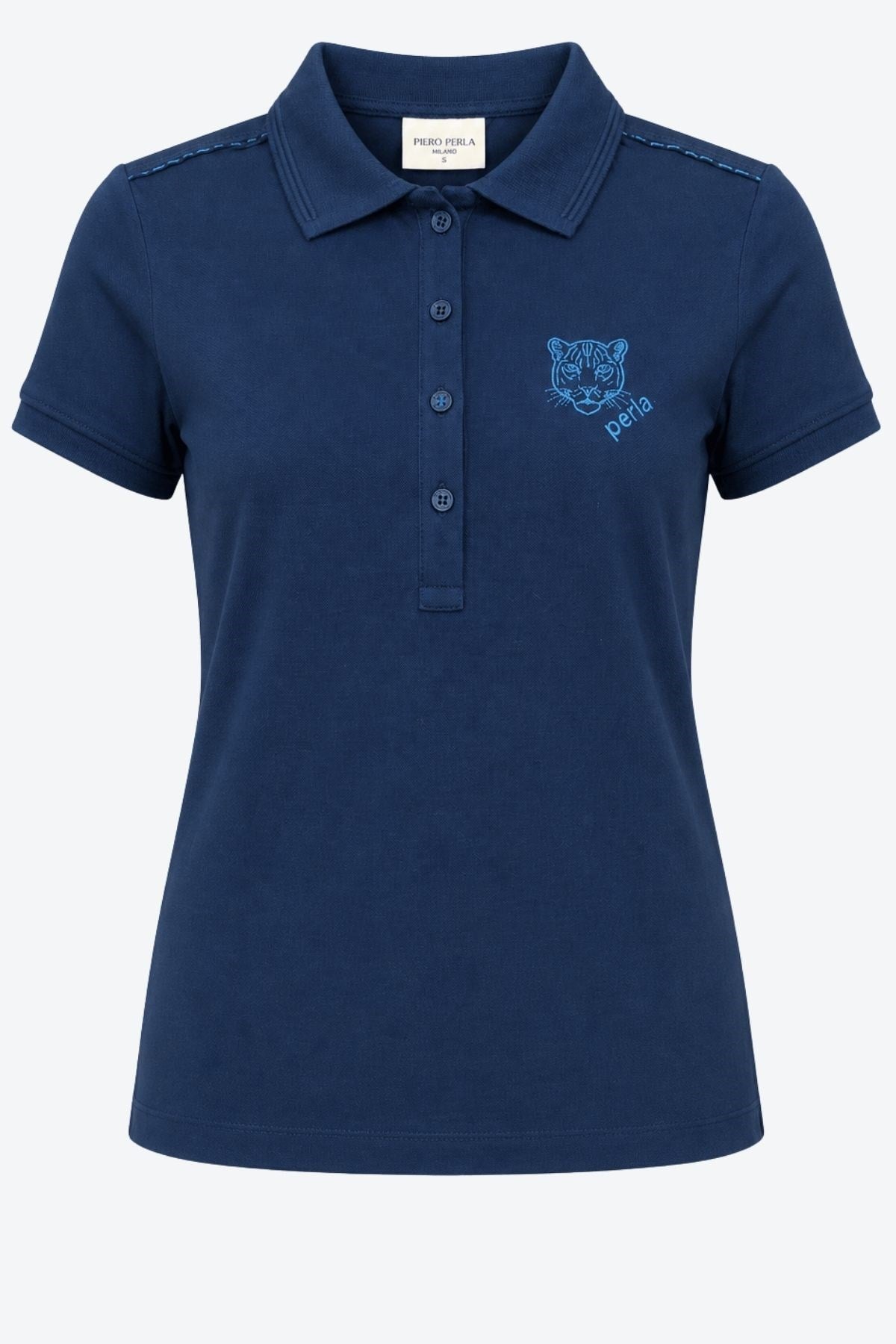 Kontür Jaguar Nakış Detaylı Slim Fit Kadın Lacivert Polo Yaka T-Shirt