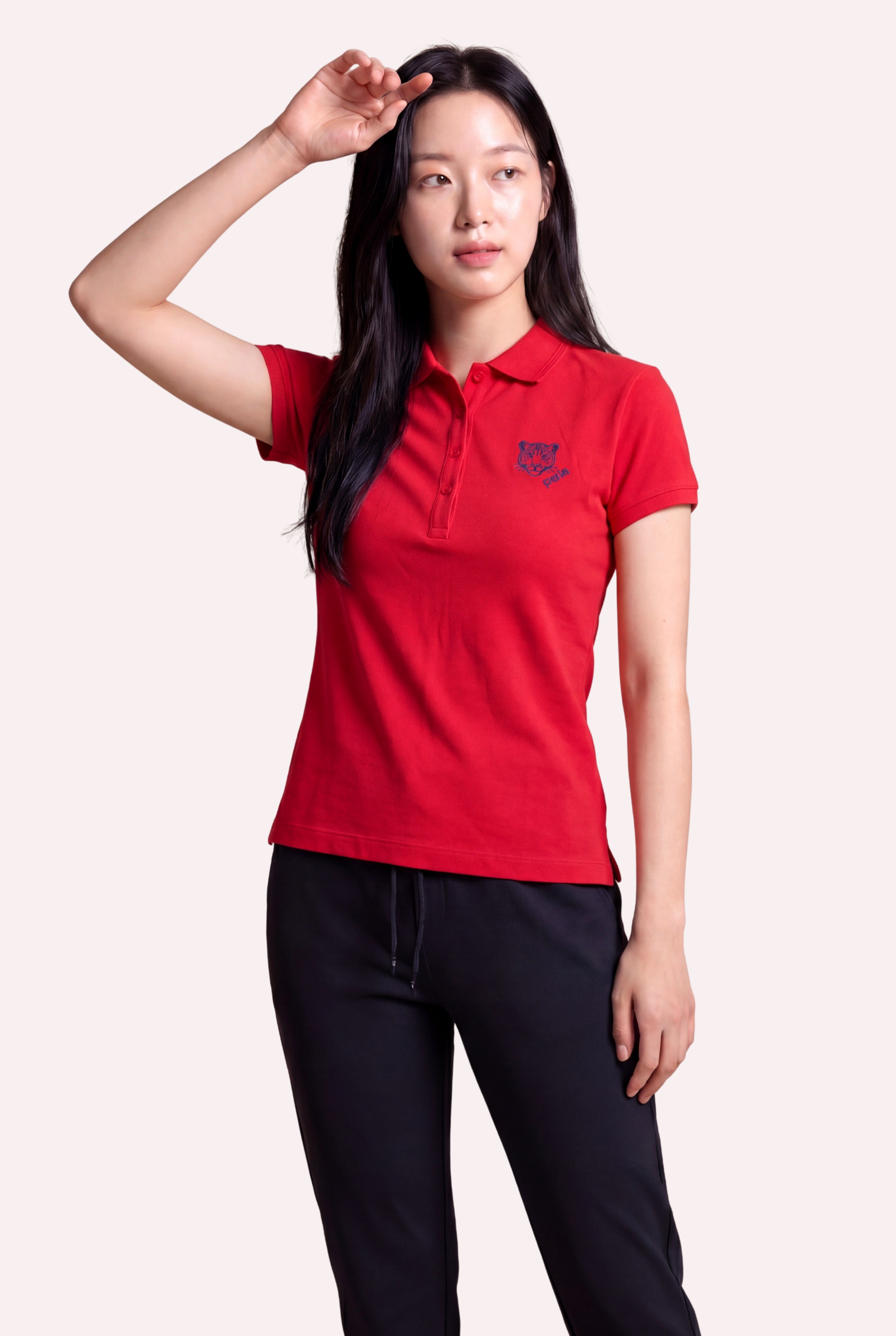 Kontür Jaguar Nakış Detaylı Slim Fit Kadın Kırmızı Polo Yaka T-Shirt