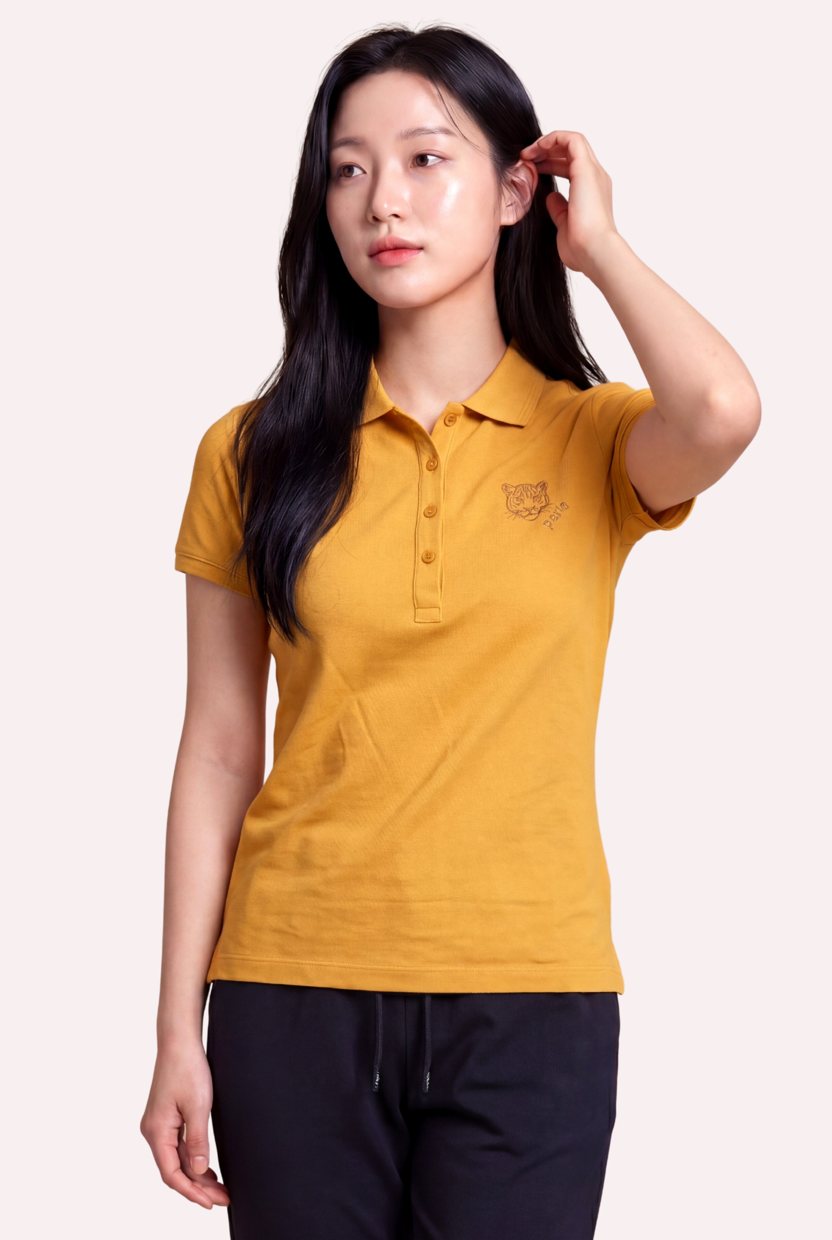 Kontür Jaguar Nakış Detaylı Slim Fit Kadın Hardal Polo Yaka T-Shirt