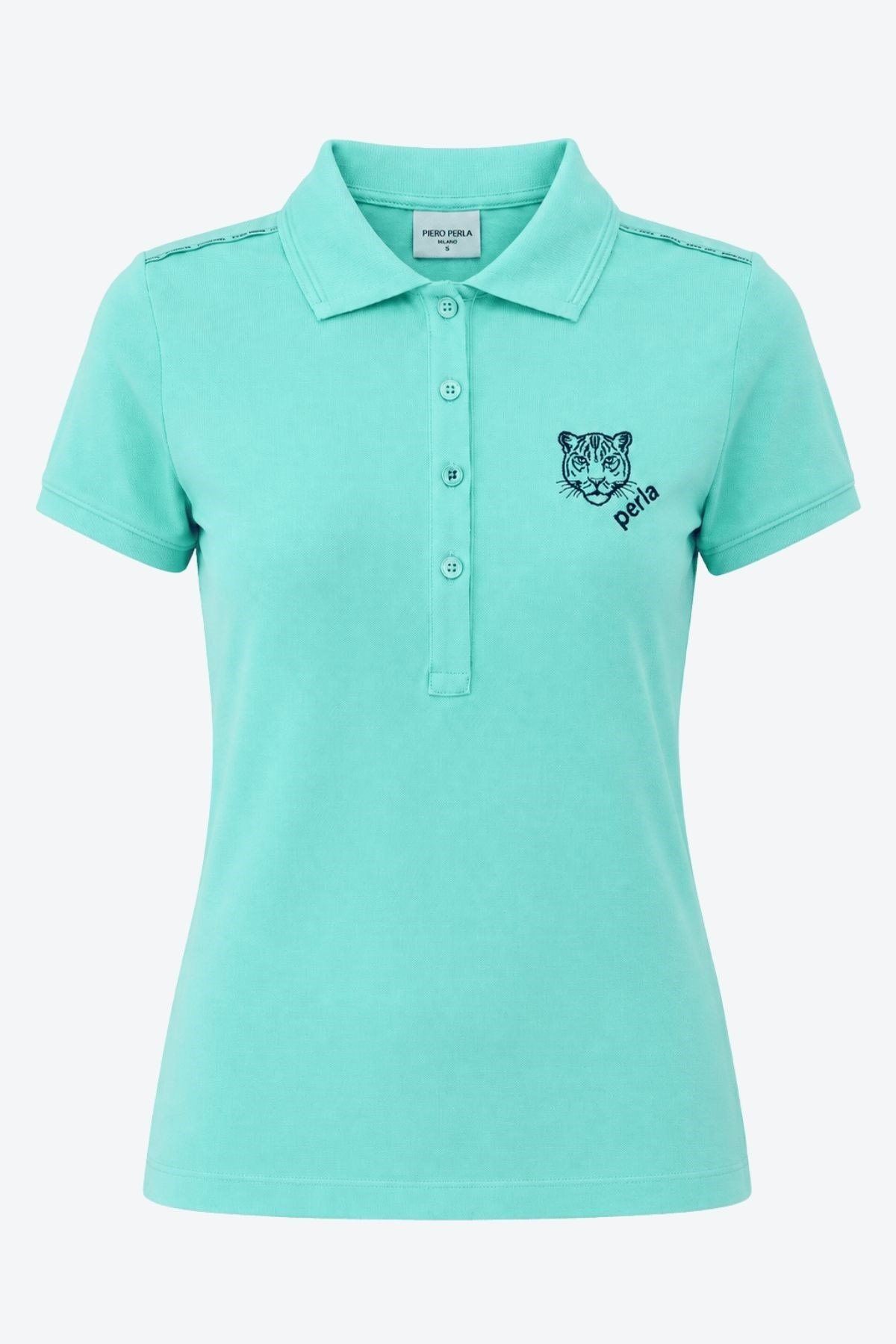 Kontür Jaguar Nakış Detaylı Slim Fit Kadın Açık Yeşil Polo Yaka T-Shirt