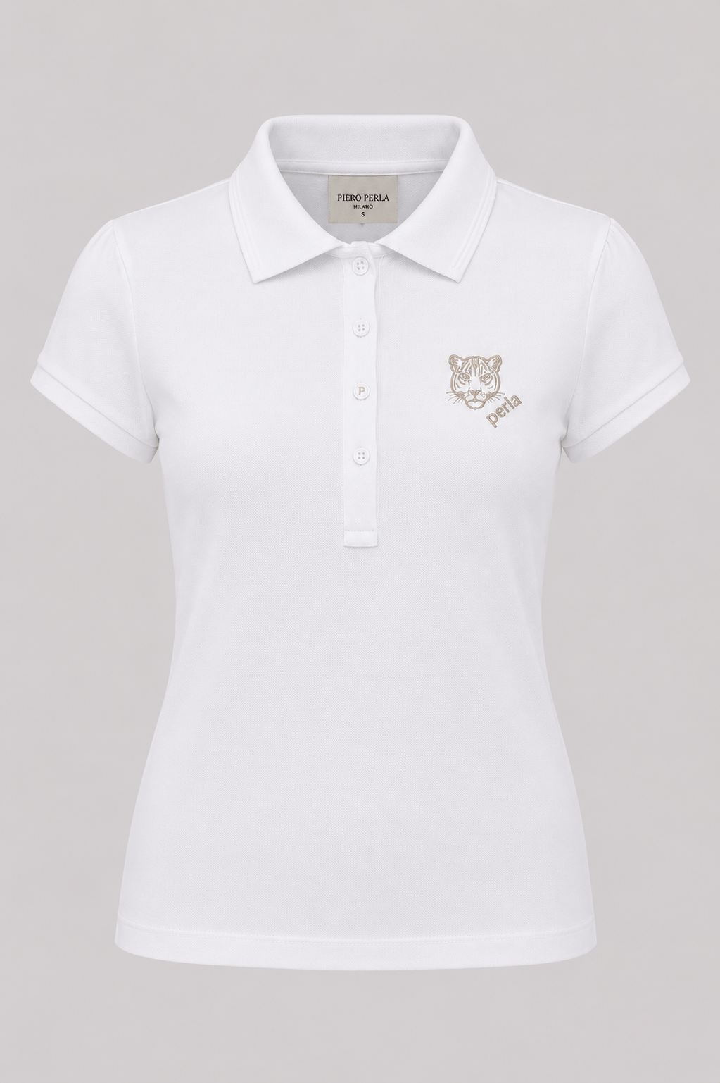 Kontür Jaguar Nakış Detaylı Slim Fit Kadın Beyaz Polo Yaka T-Shirt