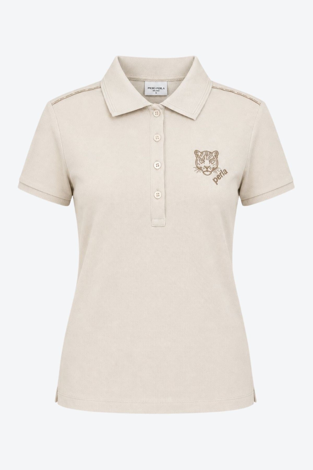 Kontür Jaguar Nakış Detaylı Slim Fit Kadın Sütlü Kahve Polo Yaka T-Shirt
