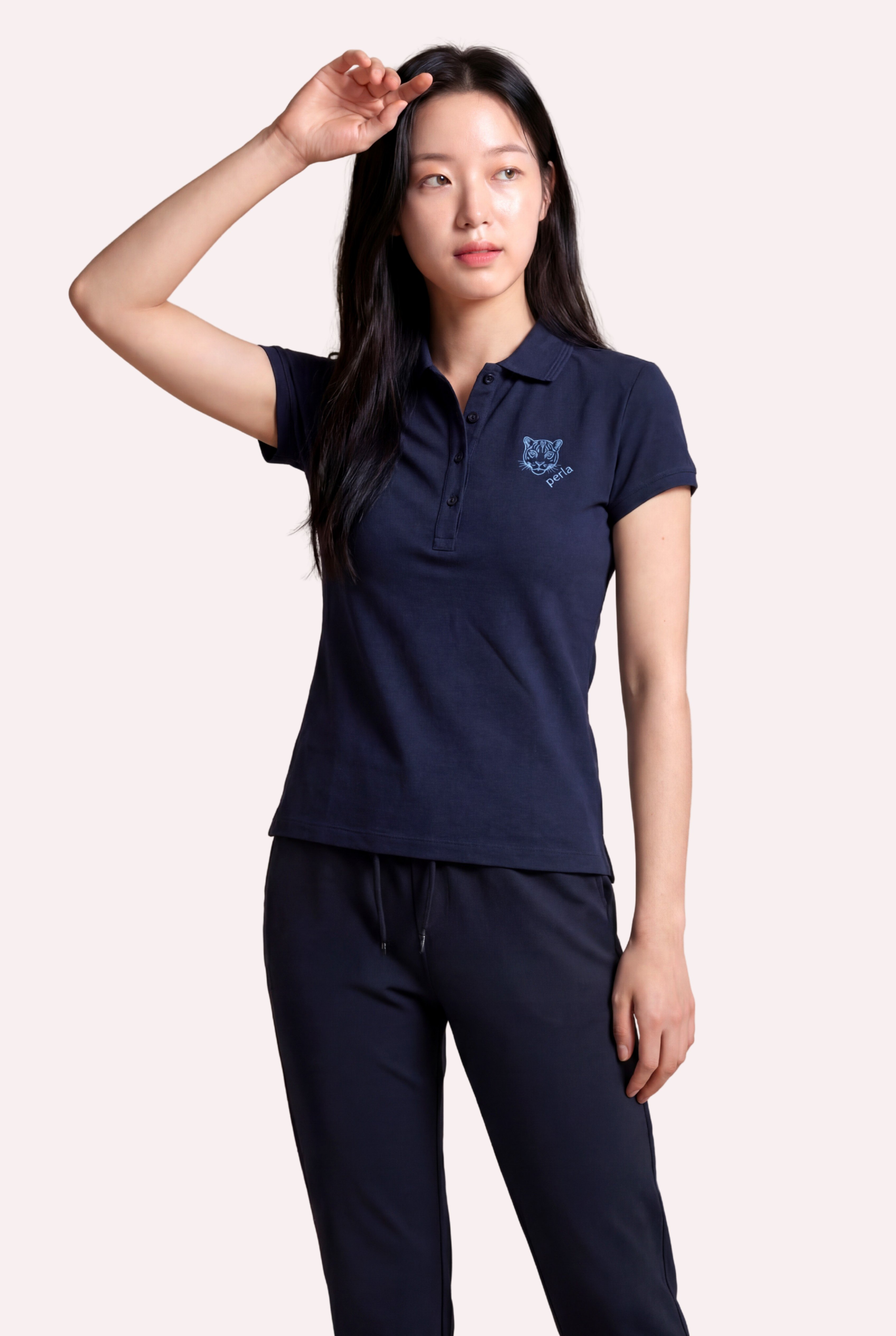 Kontür Jaguar Nakış Detaylı Slim Fit Kadın Lacivert Polo Yaka T-Shirt