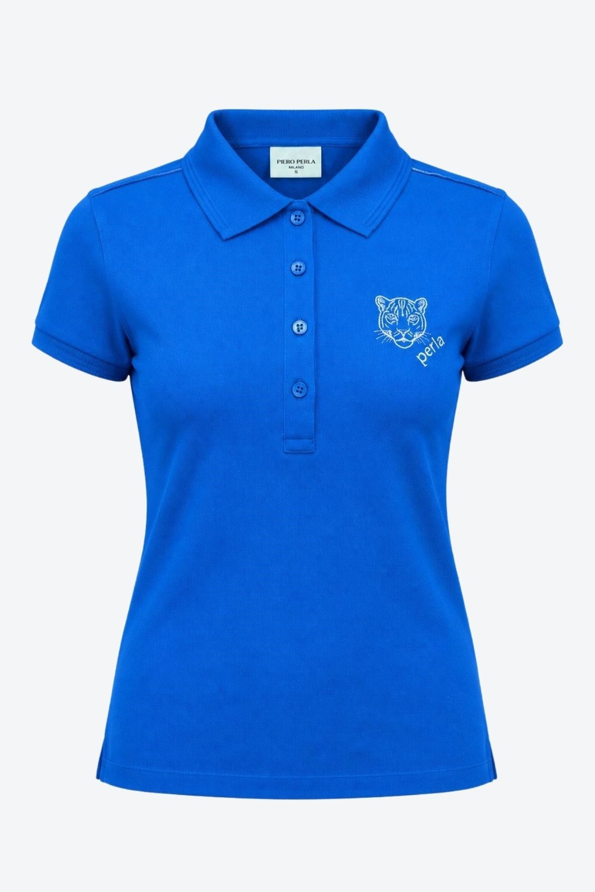 Kontür Jaguar Nakış Detaylı Slim Fit Kadın Mavi Polo Yaka T-Shirt