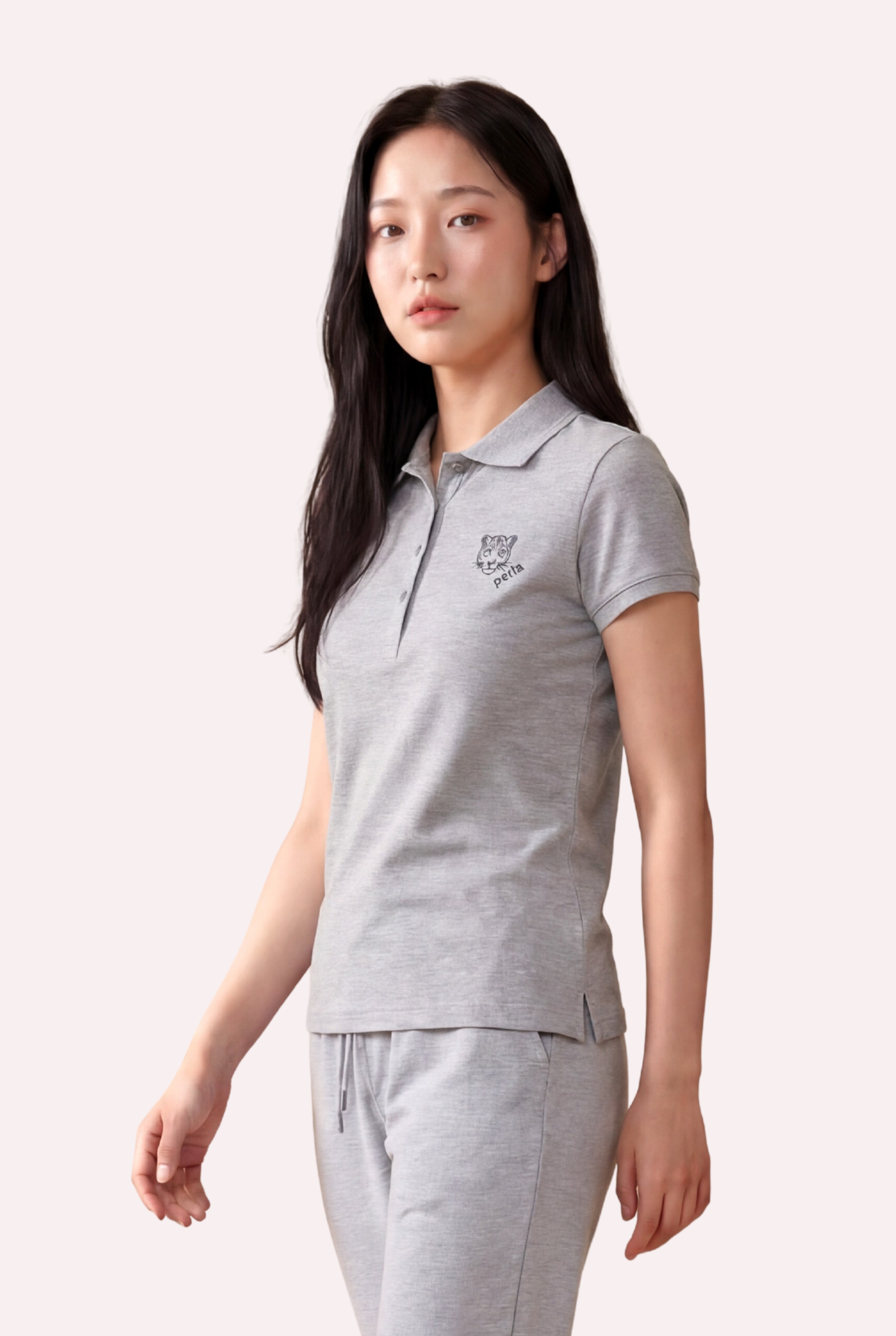 Kontür Jaguar Nakış Detaylı Slim Fit Kadın Gri Melanj Polo Yaka T-Shirt