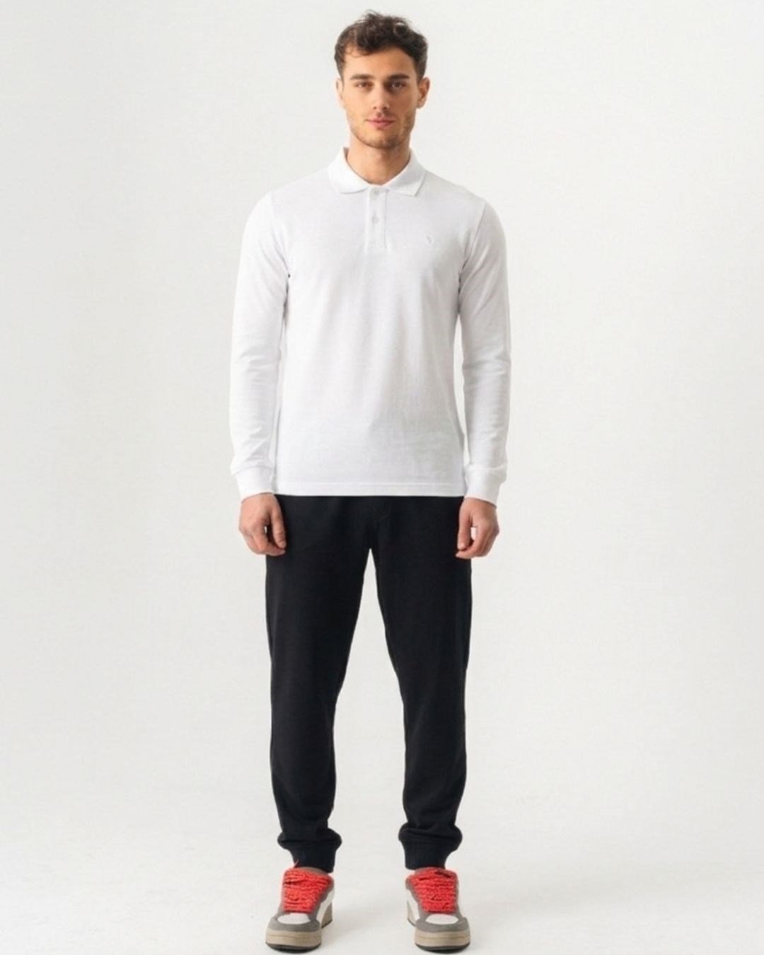 Polo Yaka Slim Fit Uzun Kollu Erkek Beyaz T-Shirt