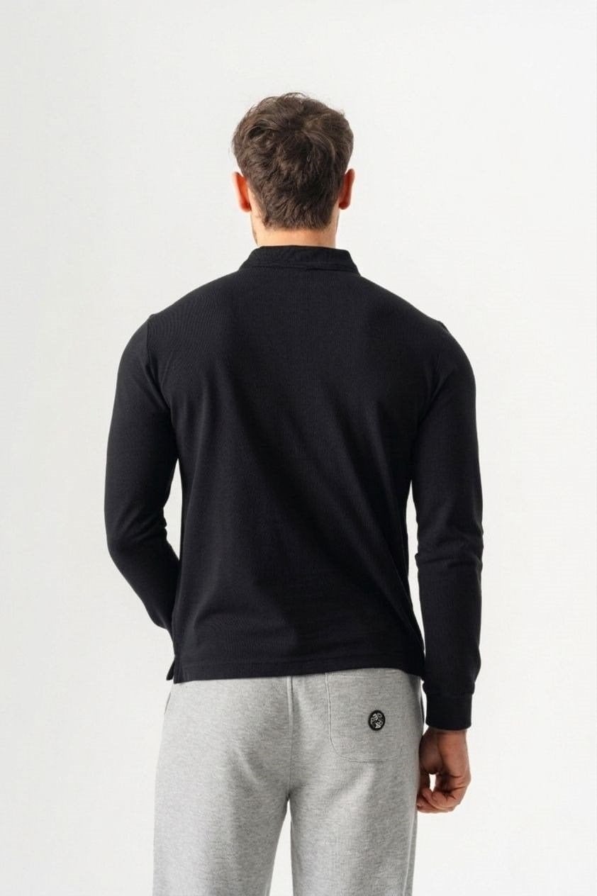 Polo Yaka Slim Fit Uzun Kollu Erkek Siyah T-Shirt