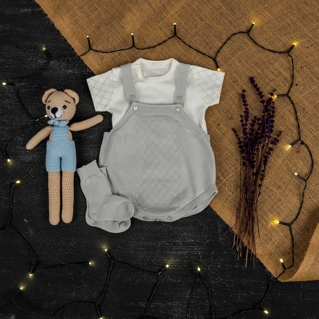 Erkek Bebek İnce Triko Body'li  2 li Tulum Takım