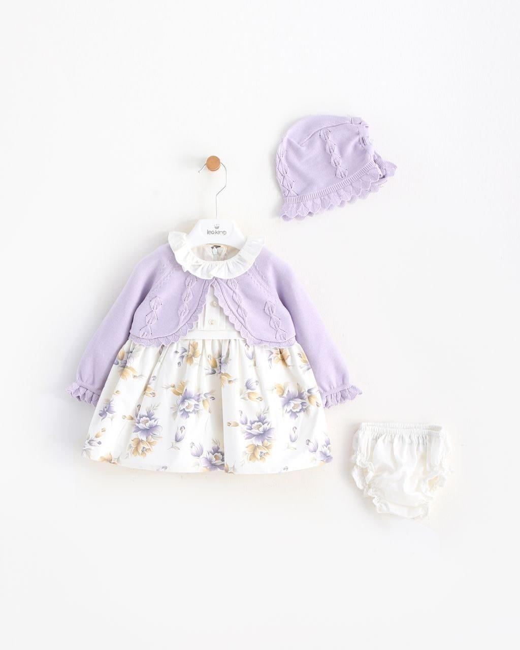 Kız Bebek Lila Çiçek Desenli Hırka&Şapkalı Elbise