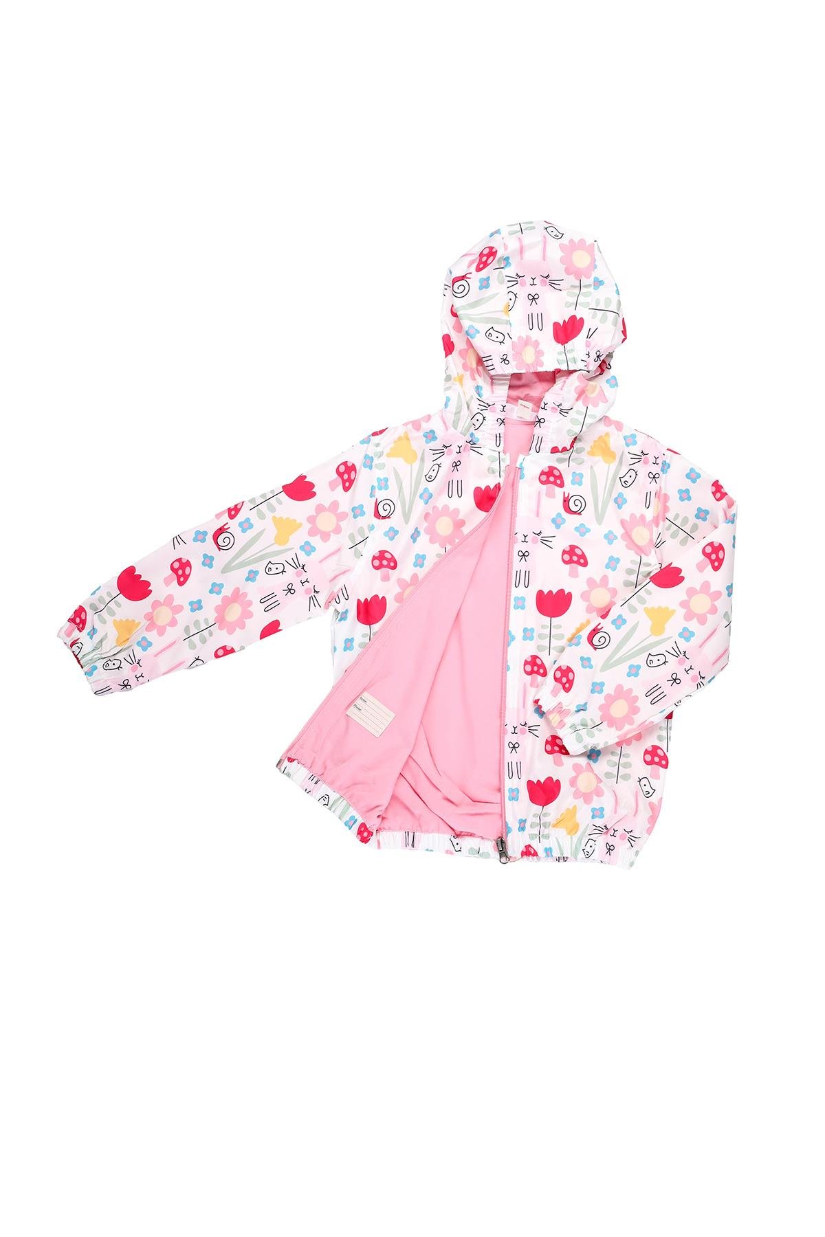 Mimbo Kids Kız Çocuk Kırık Beyaz Renkli Desenli Yağmurluk