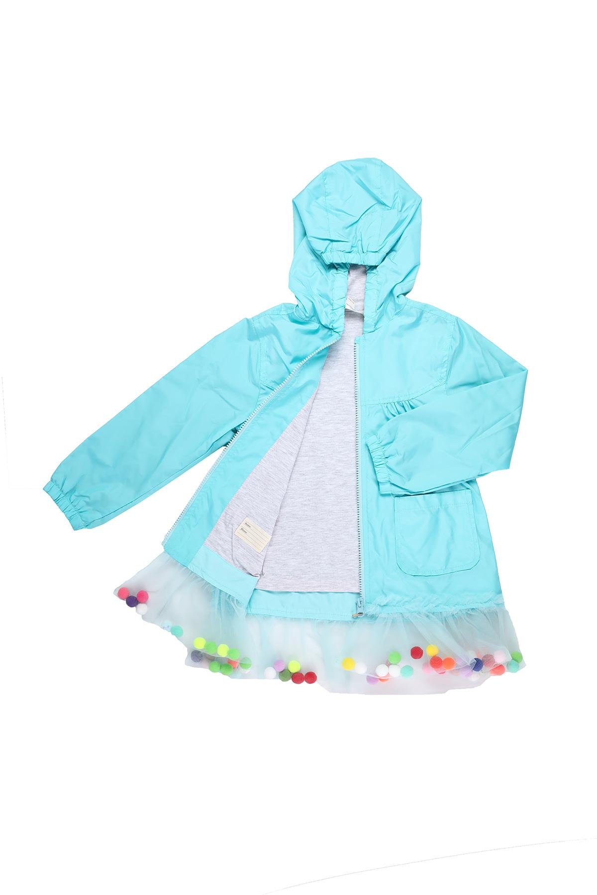 Mimbo Kids Kız Çocuk Turkuaz Renkli Ponponlu Yağmurluk