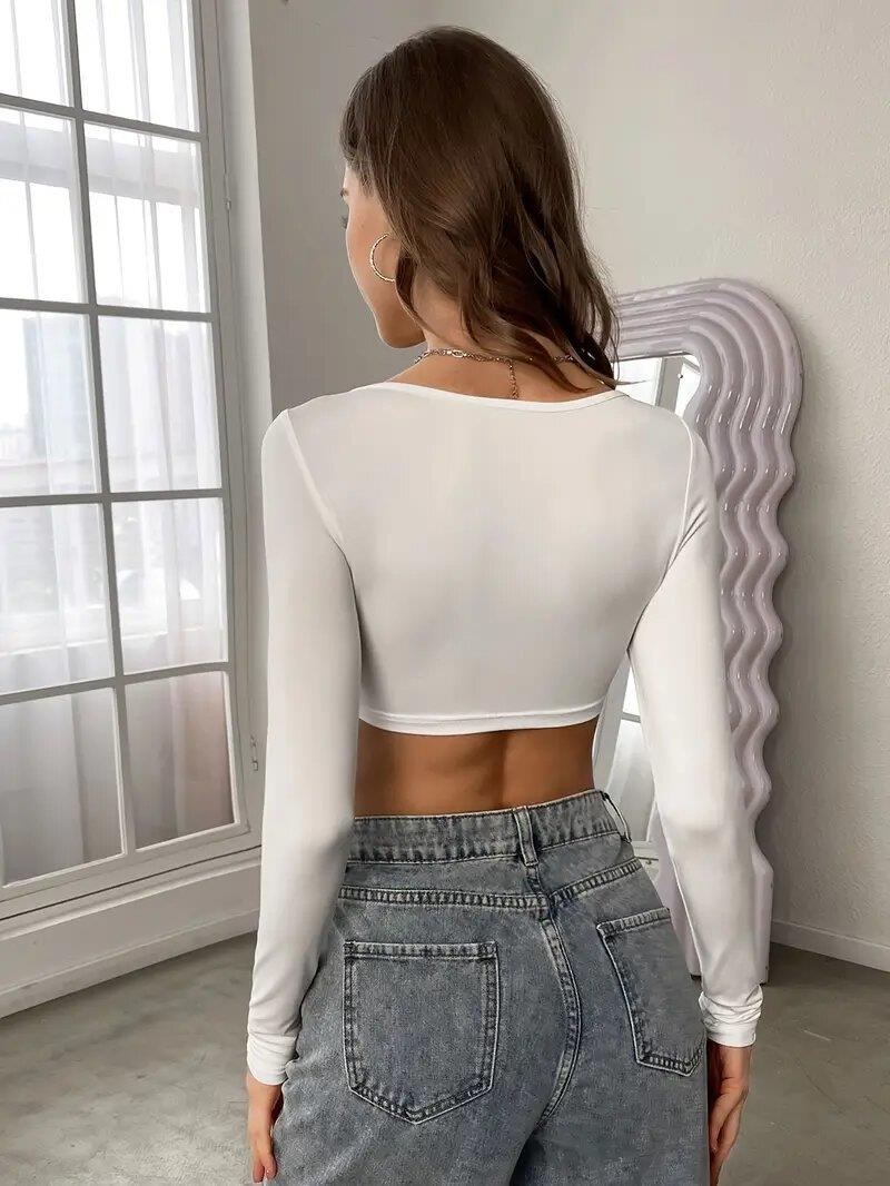 KARE YAKA DAR KESİM UZUN KOL CROP TOP
