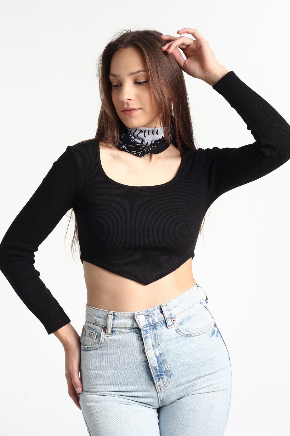 KARE YAKA UZUN KOL ÖN ASİMETRİK CROP TOP
