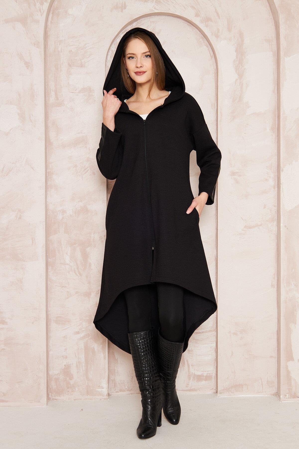 KOLDA DERİ DETAY ASİMETRİK KESİM KAPÜŞONLU VE CEPLİ PALTO TRENCHKOT