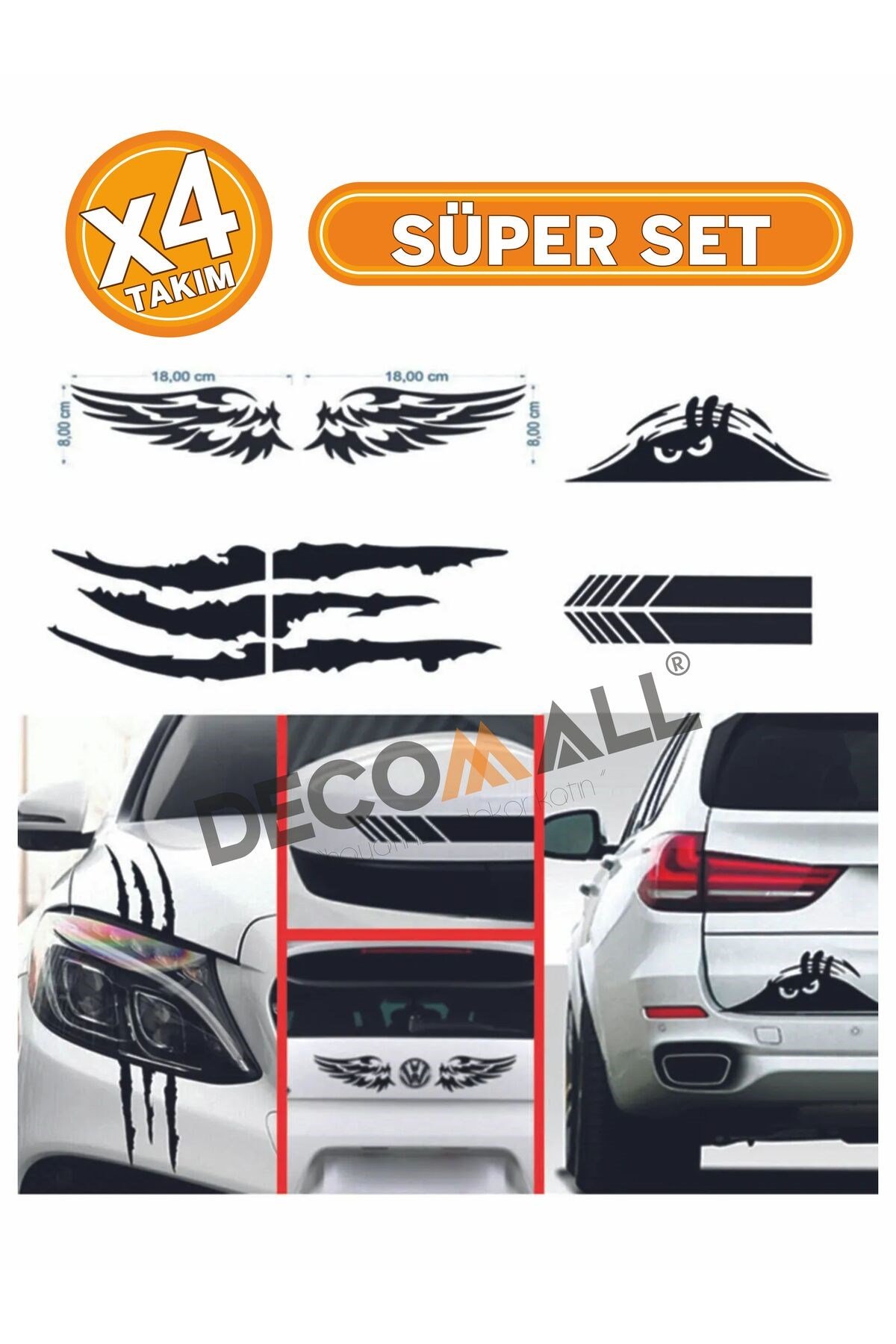 ( 4lü Set ) Oto Sticker Mega 4lü Paket Dikiz, Kanat, Monster Pençe, Bagaj Sticker2