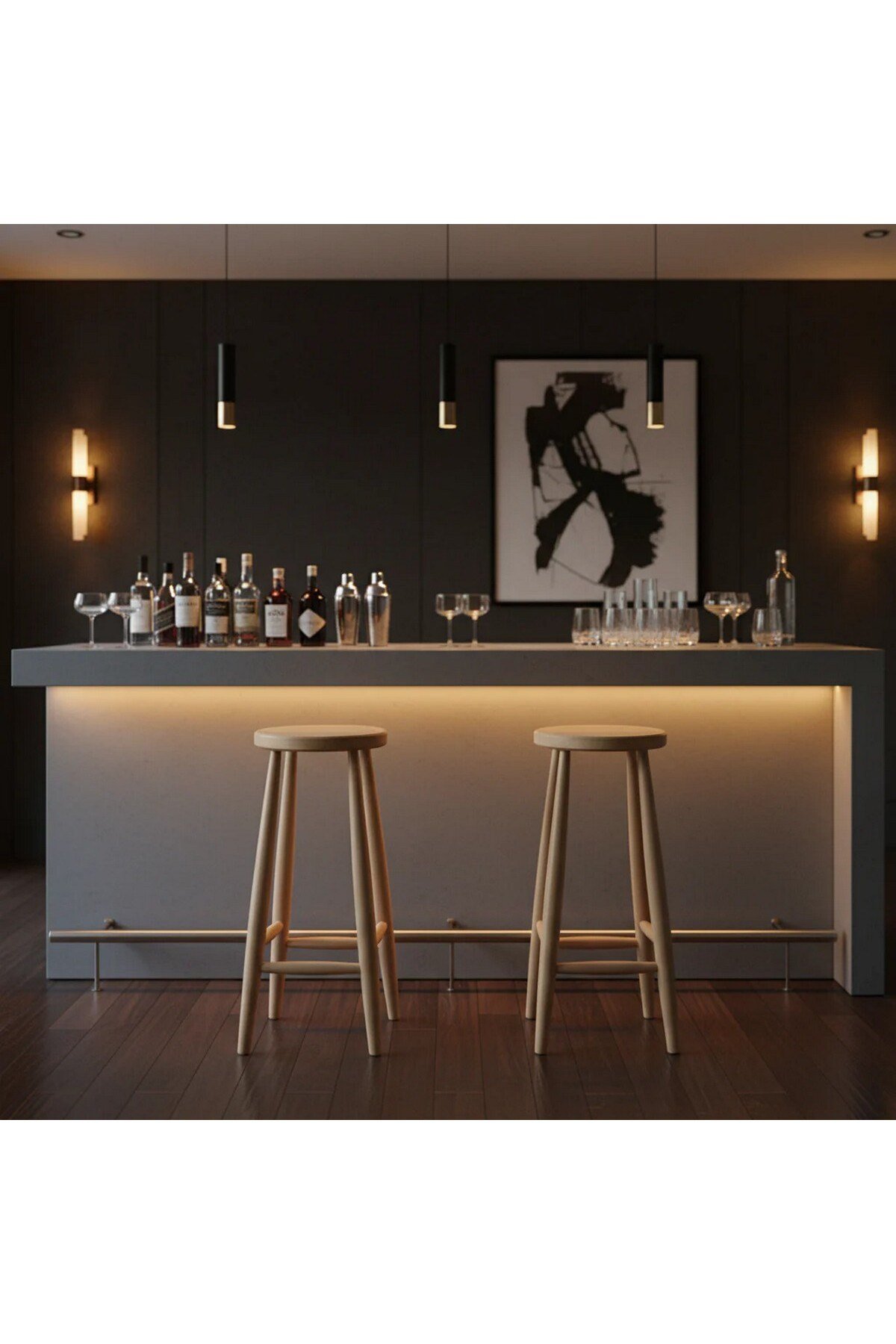 ( Bar1 ) El Yapımı Doğal Ahşap Bar Yuvarlak Tabure Sandalye %100 Doğal Vernikli Ahşap 70 cm 1 Adet