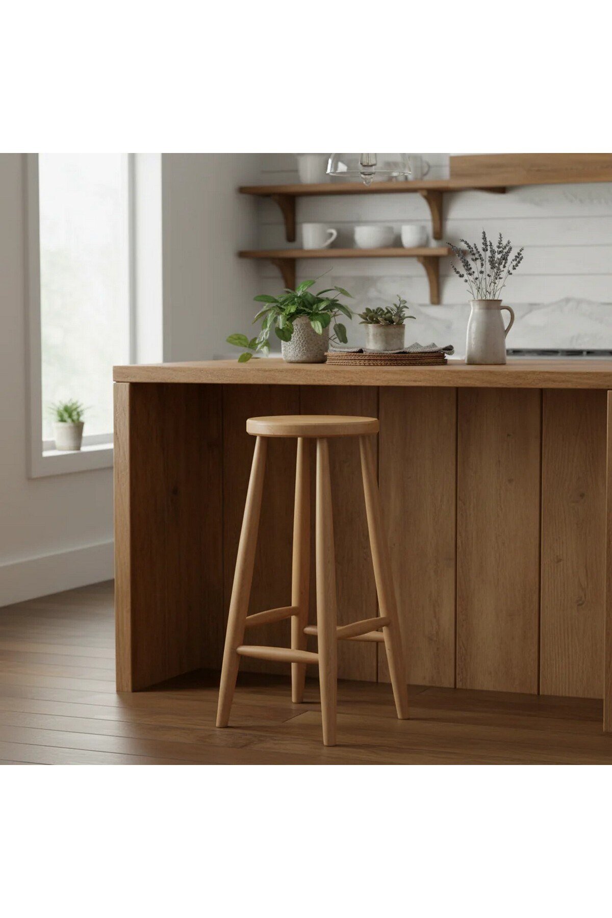 ( Bar1 ) El Yapımı Doğal Ahşap Bar Yuvarlak Tabure Sandalye %100 Doğal Vernikli Ahşap 70 cm 1 Adet