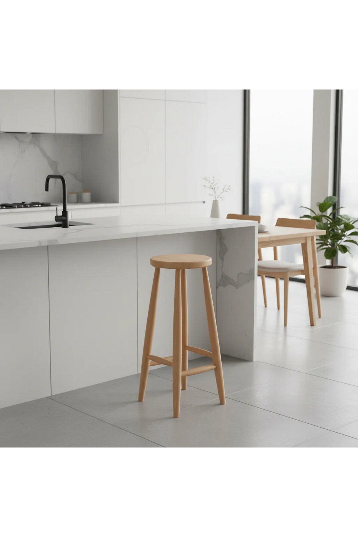( Bar1 ) El Yapımı Doğal Ahşap Bar Yuvarlak Tabure Sandalye %100 Doğal Vernikli Ahşap 70 cm 1 Adet