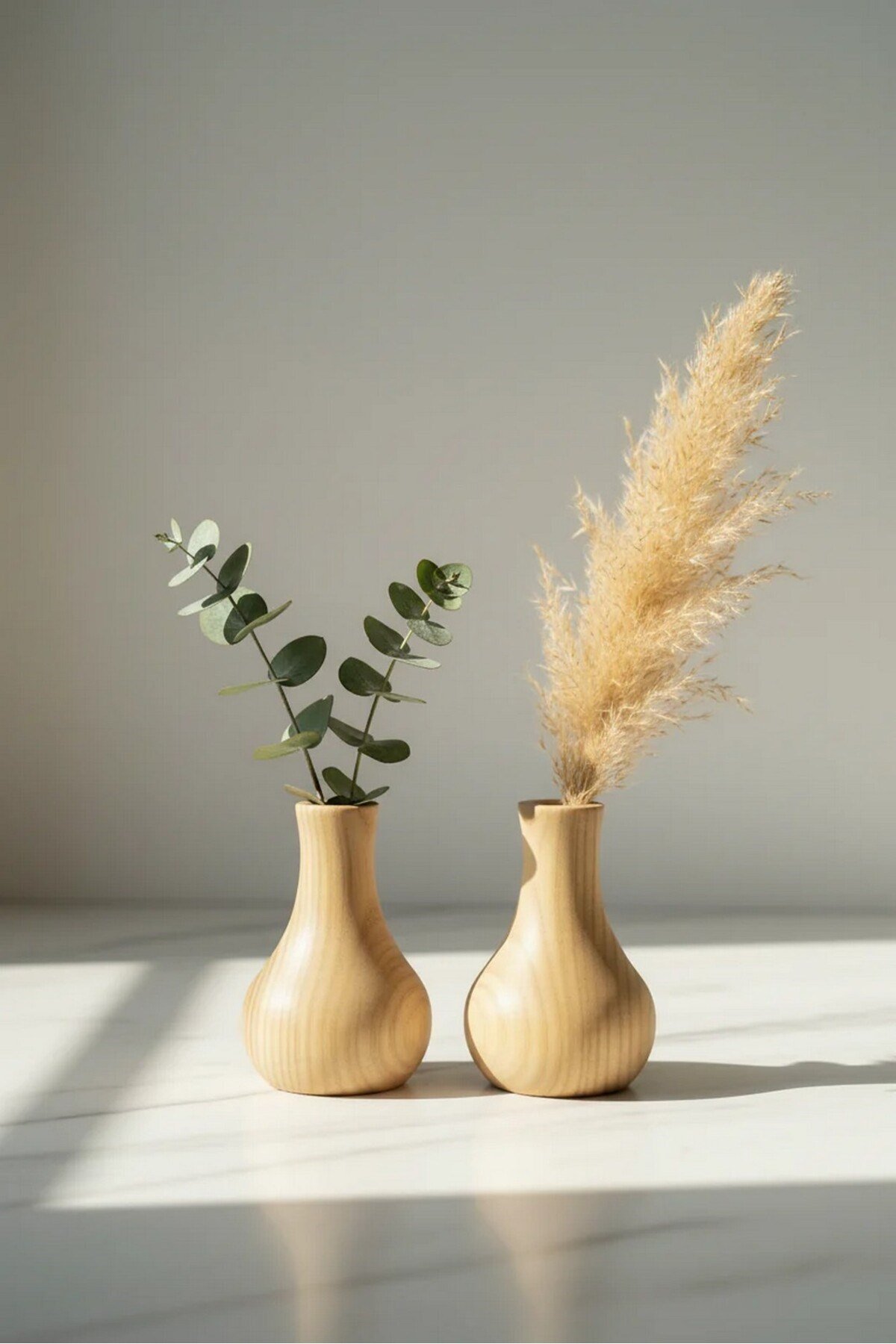 ( MUM 1 ) 2'li El Yapımı Doğal Ahşap Vazo Şamdan Mumluk 10 cm Modern Dekoratif İskandinav Masif Mumluk