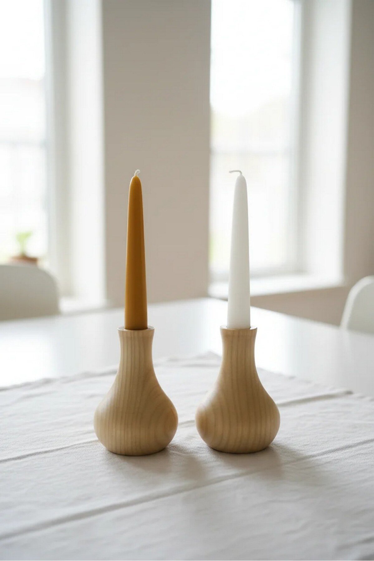 ( MUM 1 ) 2'li El Yapımı Doğal Ahşap Vazo Şamdan Mumluk 10 cm Modern Dekoratif İskandinav Masif Mumluk