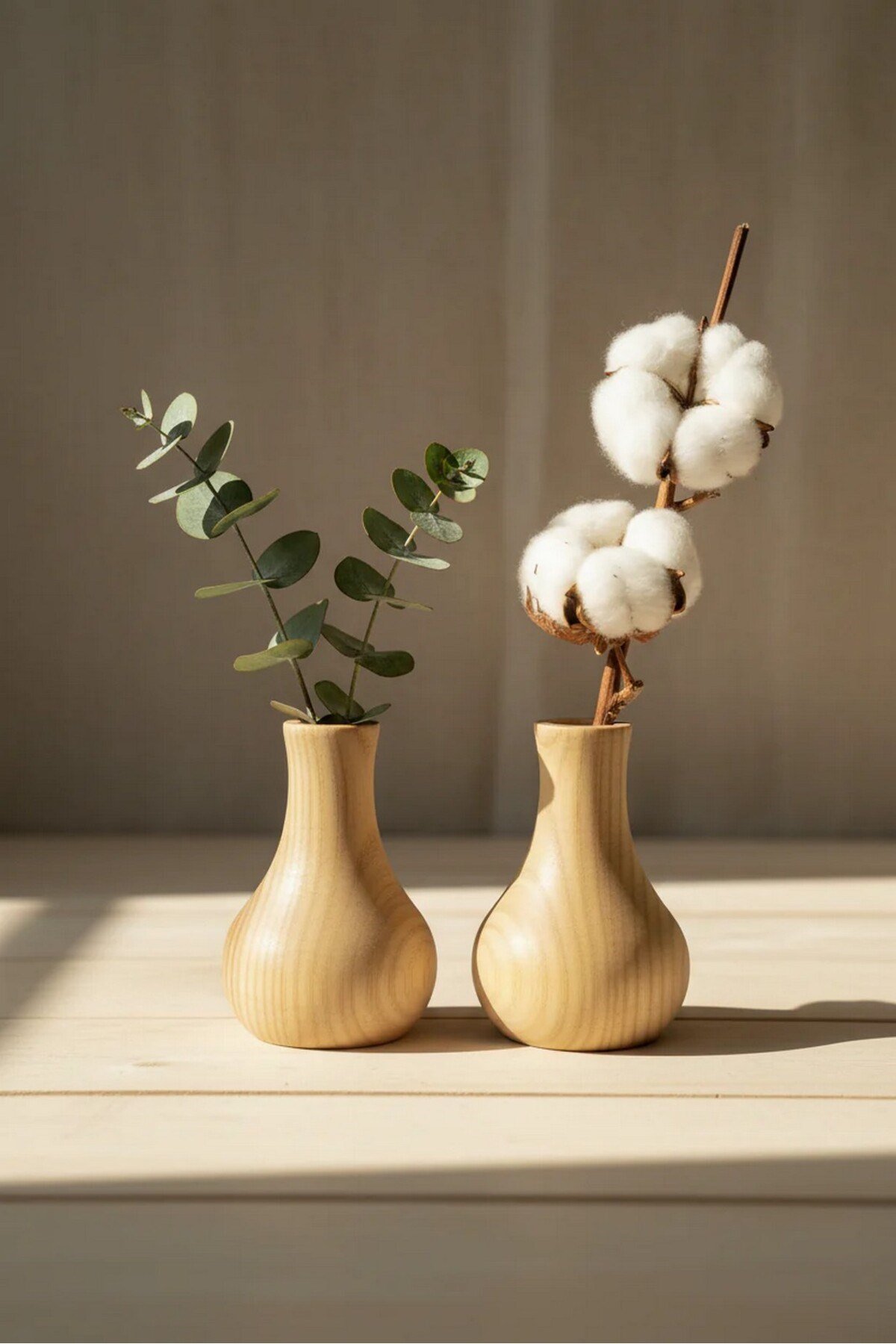 ( MUM 1 ) 2'li El Yapımı Doğal Ahşap Vazo Şamdan Mumluk 10 cm Modern Dekoratif İskandinav Masif Mumluk