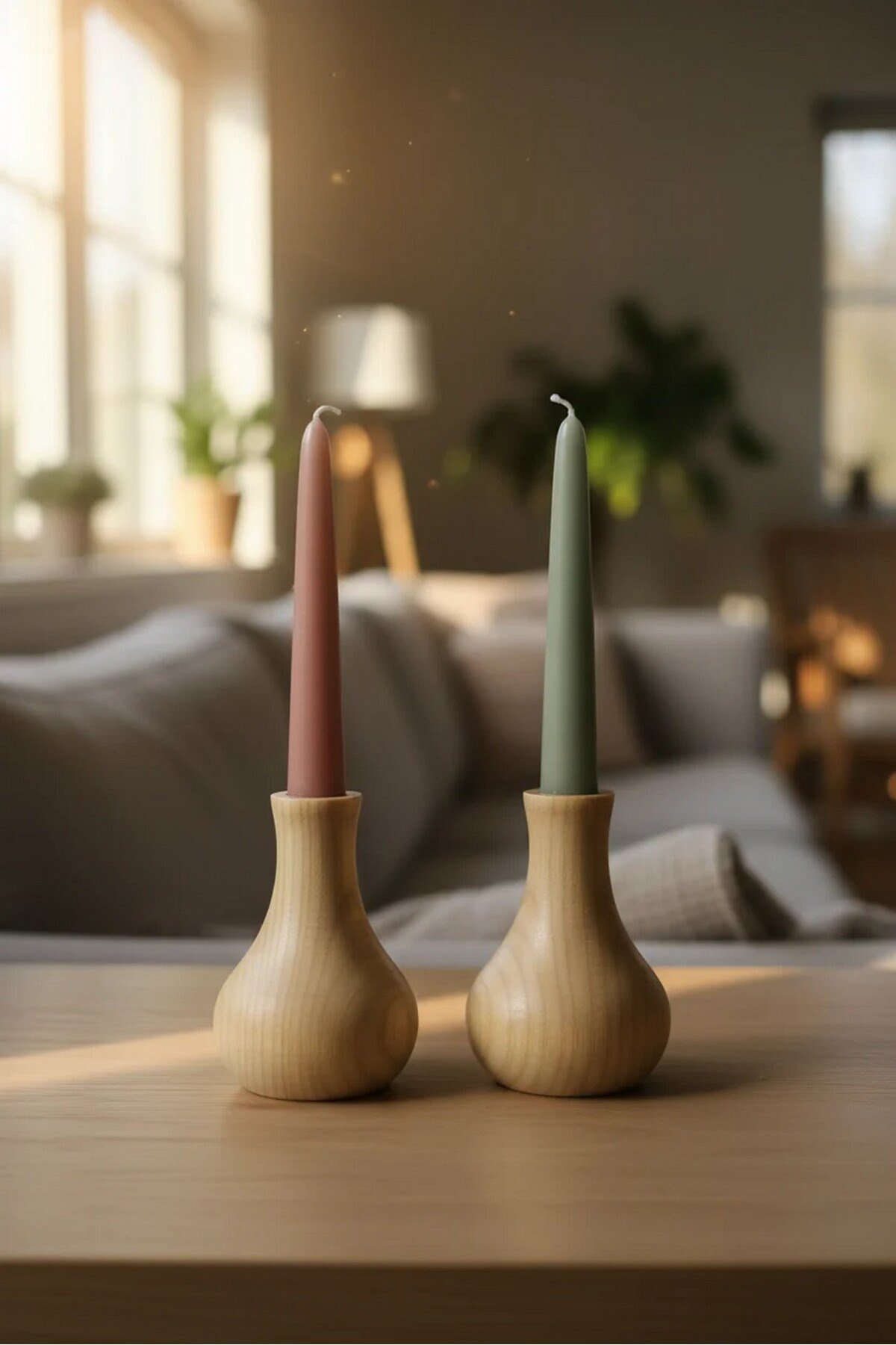 ( MUM 1 ) 2'li El Yapımı Doğal Ahşap Vazo Şamdan Mumluk 10 cm Modern Dekoratif İskandinav Masif Mumluk