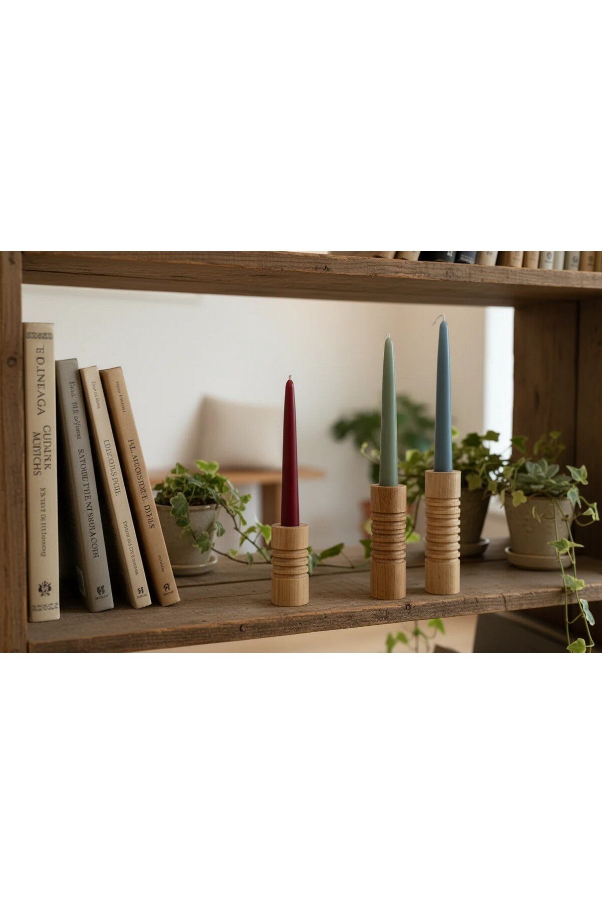 ( MUM 10 ) 3'lü El Yapımı Doğal Ahşap Vazo Şamdan Mumluk 15-13-10 cm Modern Dekoratif İskandinav Masif Mumluk