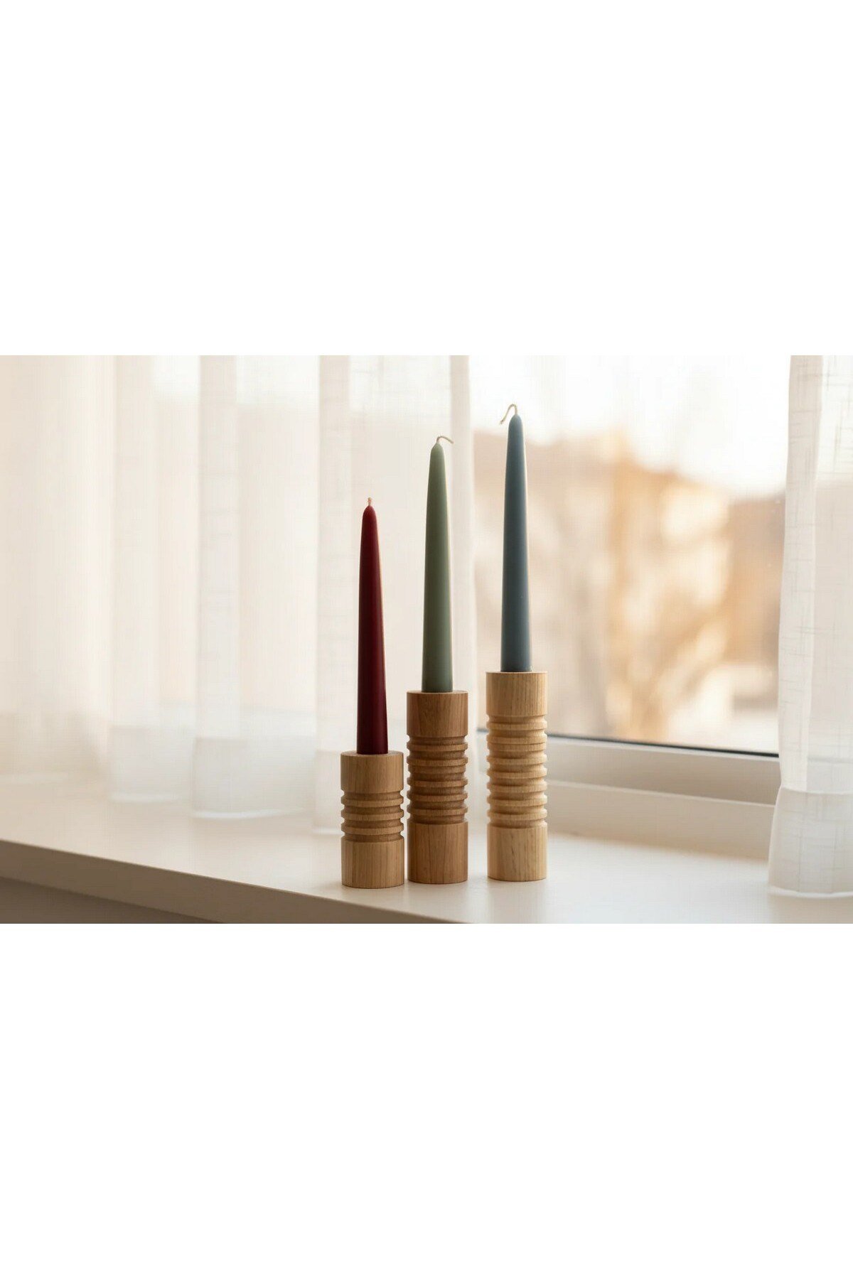 ( MUM 10 ) 3'lü El Yapımı Doğal Ahşap Vazo Şamdan Mumluk 15-13-10 cm Modern Dekoratif İskandinav Masif Mumluk