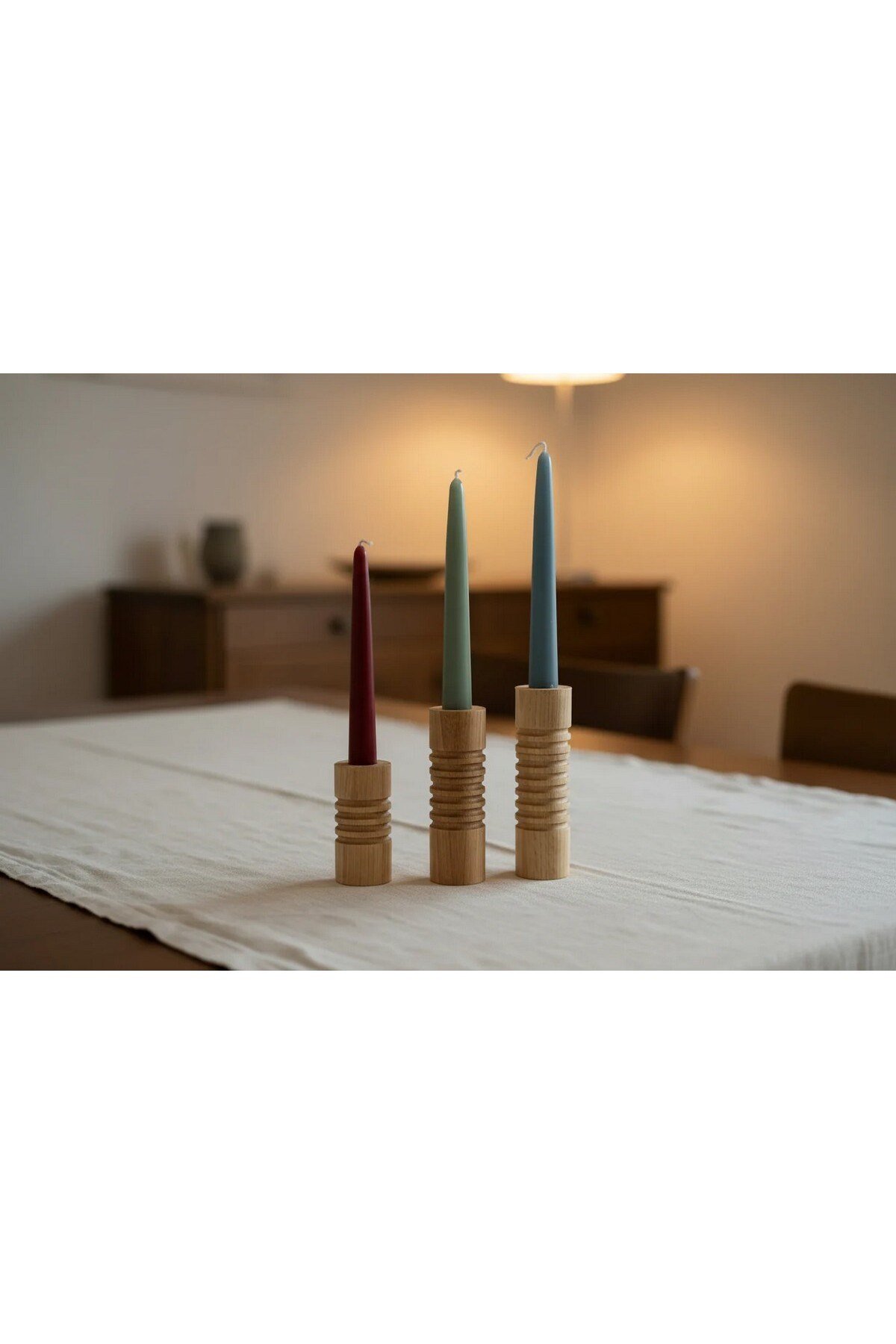 ( MUM 10 ) 3'lü El Yapımı Doğal Ahşap Vazo Şamdan Mumluk 15-13-10 cm Modern Dekoratif İskandinav Masif Mumluk