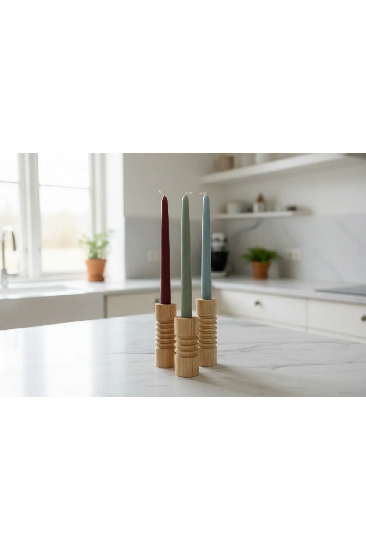 ( MUM 10 ) 3'lü El Yapımı Doğal Ahşap Vazo Şamdan Mumluk 15-13-10 cm Modern Dekoratif İskandinav Masif Mumluk