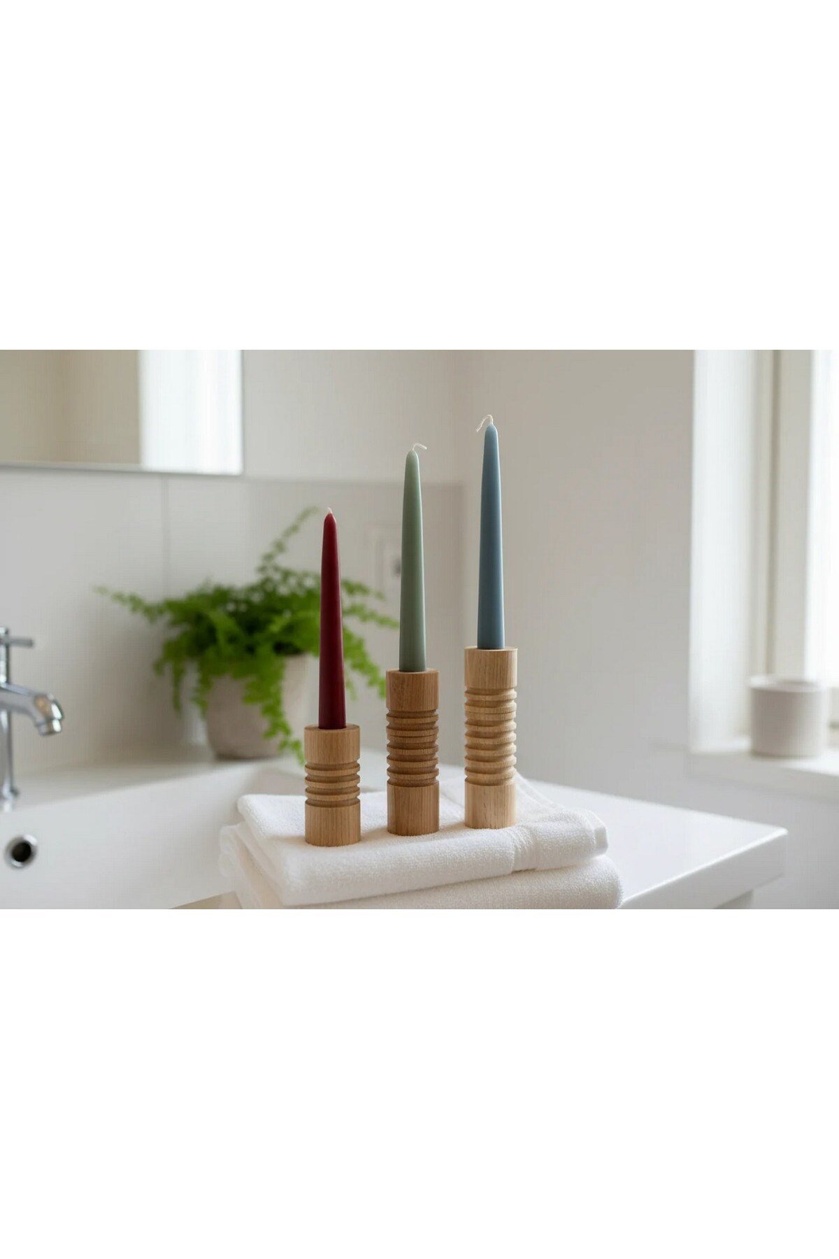 ( MUM 10 ) 3'lü El Yapımı Doğal Ahşap Vazo Şamdan Mumluk 15-13-10 cm Modern Dekoratif İskandinav Masif Mumluk