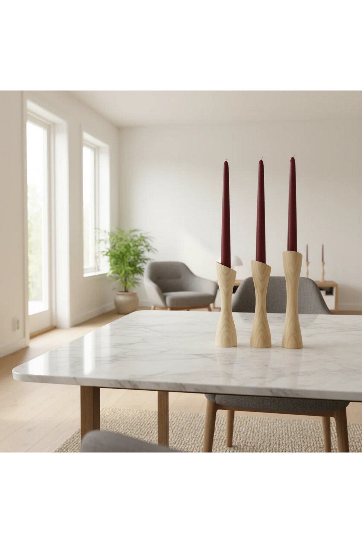 ( MUM 11 ) 3'lü El Yapımı Doğal Ahşap Vazo Şamdan Mumluk 18-14-10 cm Modern Dekoratif İskandinav Masif Mumluk