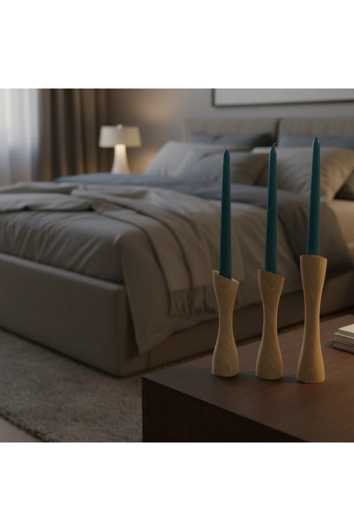 ( MUM 11 ) 3'lü El Yapımı Doğal Ahşap Vazo Şamdan Mumluk 18-14-10 cm Modern Dekoratif İskandinav Masif Mumluk