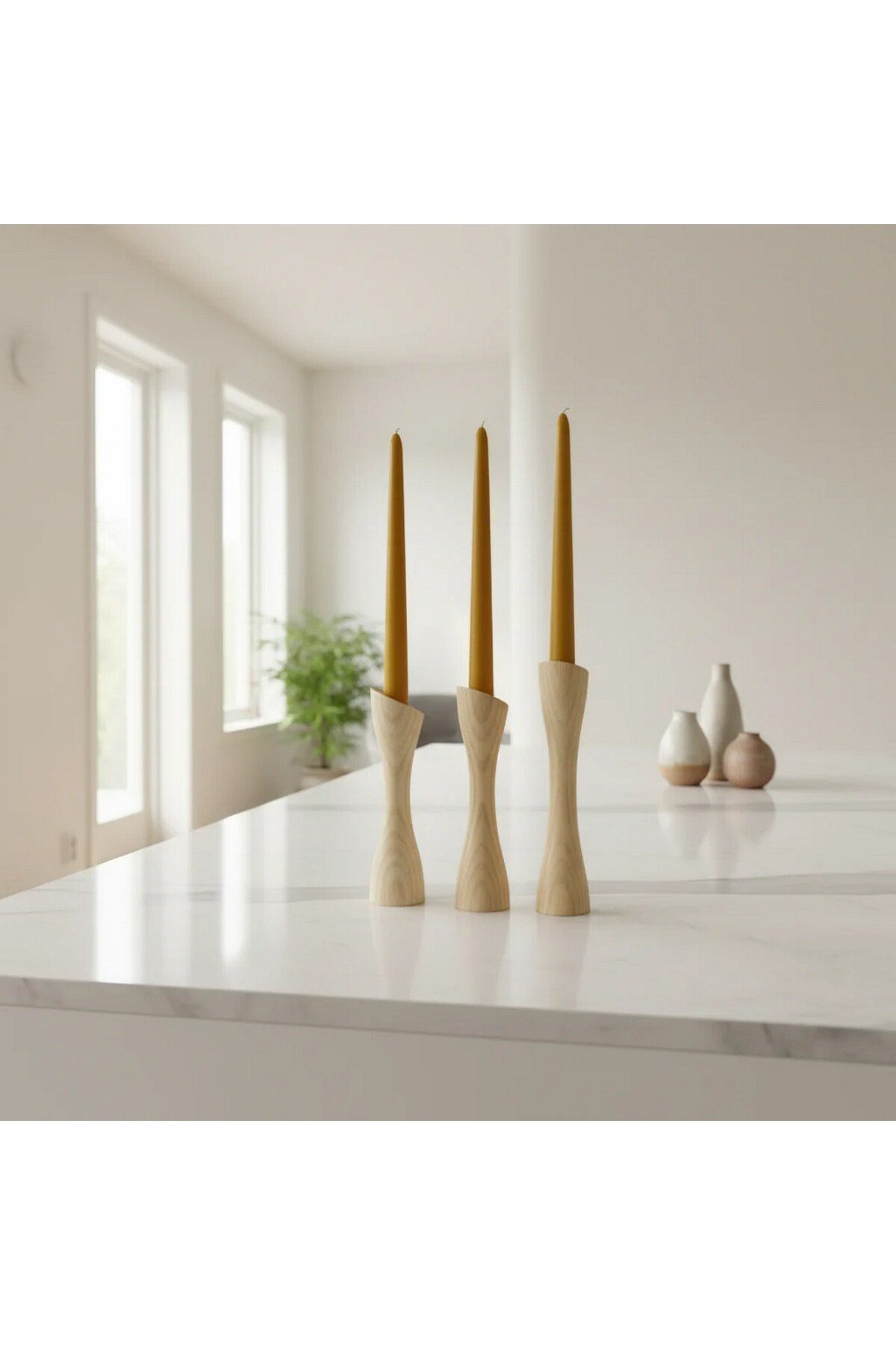 ( MUM 11 ) 3'lü El Yapımı Doğal Ahşap Vazo Şamdan Mumluk 18-14-10 cm Modern Dekoratif İskandinav Masif Mumluk